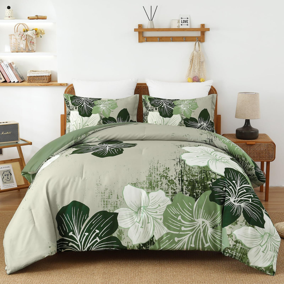 Menghomeus Floral Comforter Set King Ombre Green Bedding Lightweight Microfiber Bed Comforter For All Season, 3 Piece Flowers Co