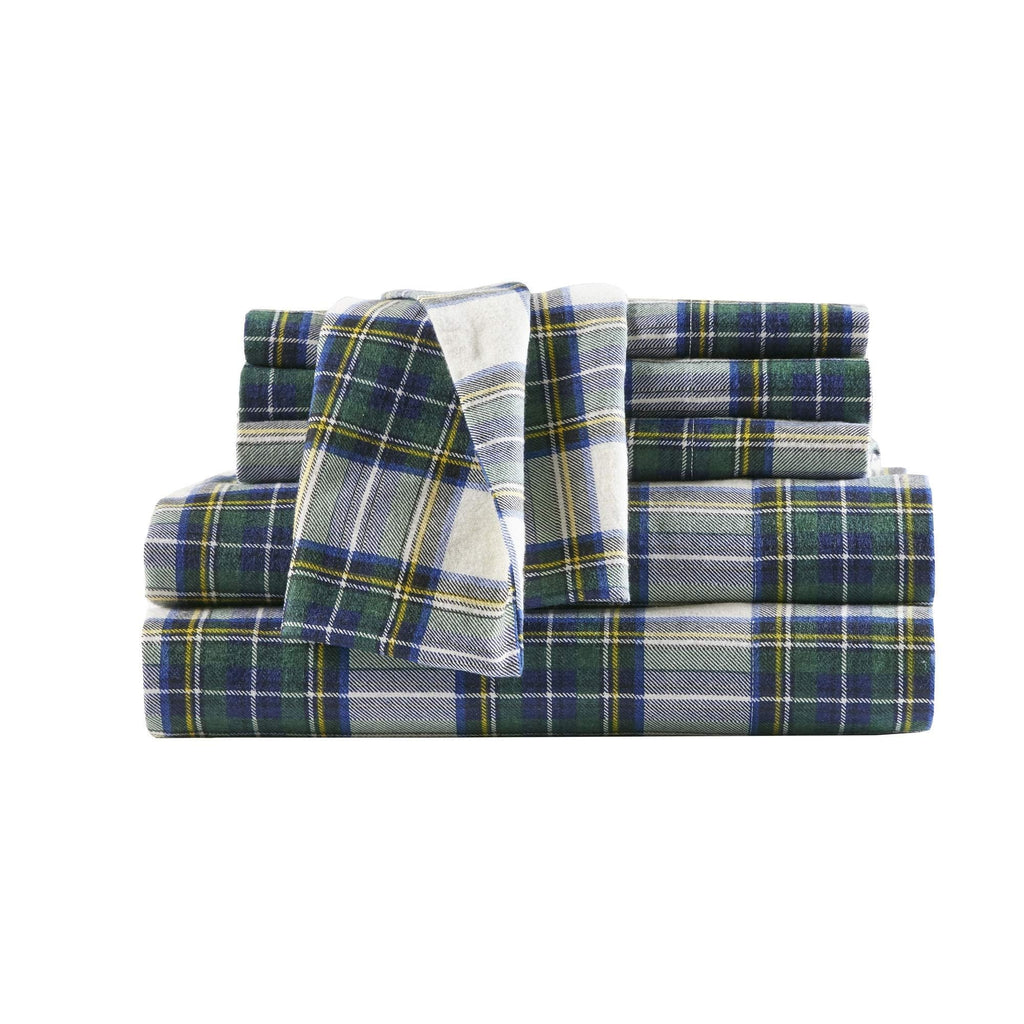 Comfort Spaces Cotton Flannel Breathable Warm Deep Pocket Sheets with Pillow Case Bedding, Cal King, Scottish Plaid Green, 4 Pie
