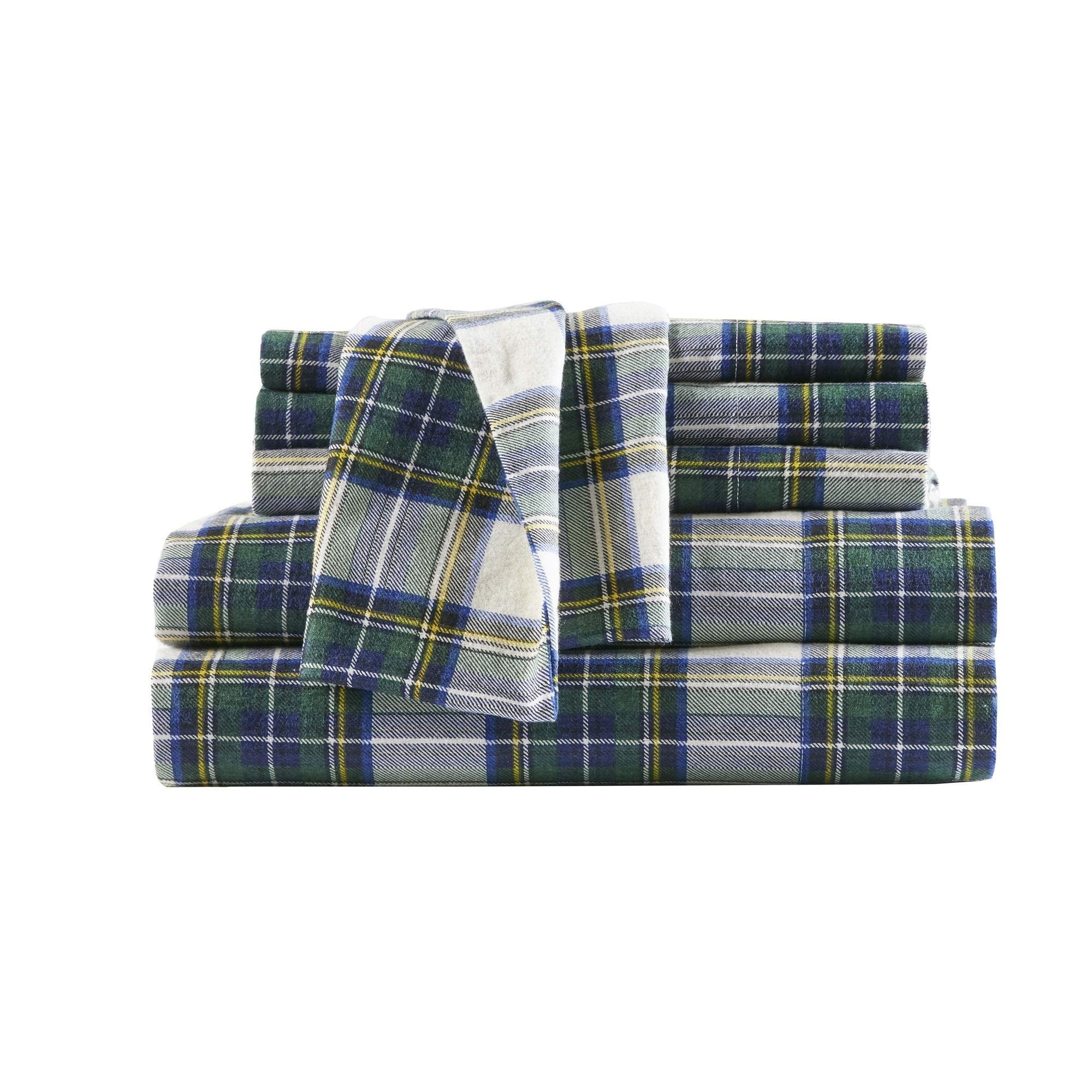 Comfort Spaces Cotton Flannel Breathable Warm Deep Pocket Sheets with Pillow Case Bedding, Cal King, Scottish Plaid Green, 4 Pie