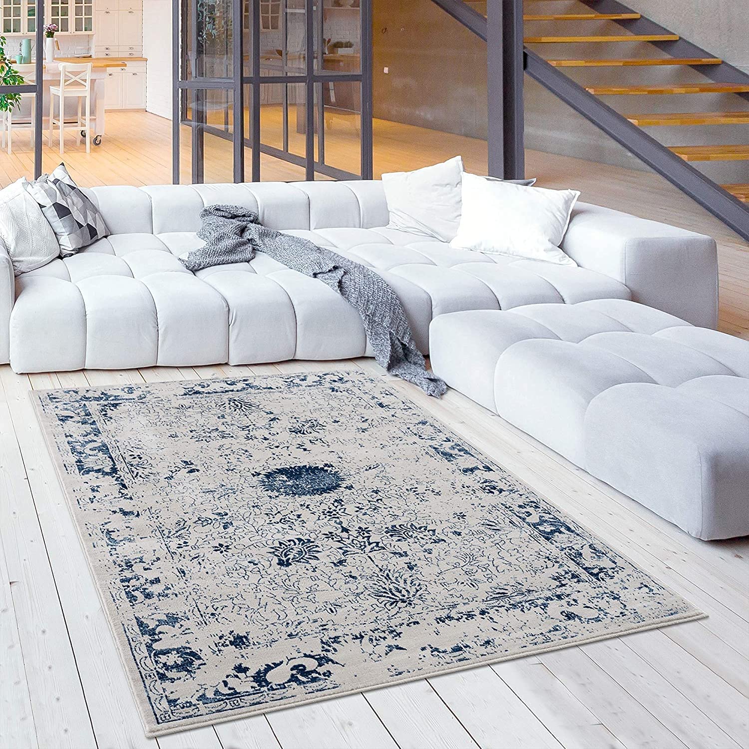 HomeRoots 100% Polypropylene 2’ x 5’ Navy Blue Distressed Floral Area Rug