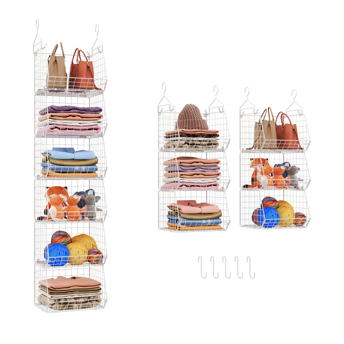 X-cosrack 6 Tier Closet Hanging Organizer, Clothes Hanging Shelves with 4 Hanging Hooks 5 S Hooks, Wire Storage Basket Bins, for