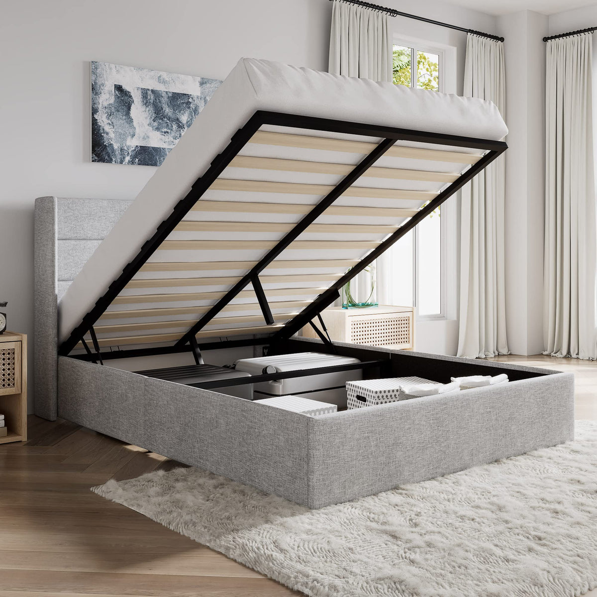 Sha Cerlin Full Size Lift Up Storage Bed/Modern Wingback Headboard/Upholstered Platform Bed Frame/Hydraulic Storage/No Box Spring Needed/Wood Slats Support/Light Grey