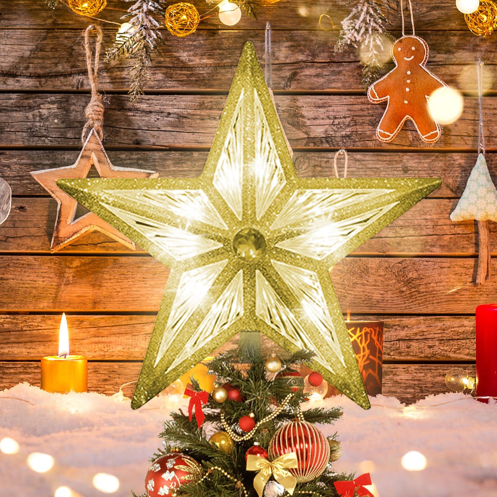 GLOWNOVA Star Christmas Tree Topper, 8 in UL Listed 3D Star Tree Topper Lights, Double Sided Christmas Tree-top with 10 LED Whit