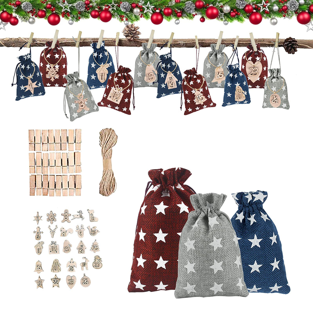 Christmas Advent Calendar Bags 24 Days Countdown Burlap Gift Pouches Festival DIY Candy Fill Sacks for Christmas Home Office Dec
