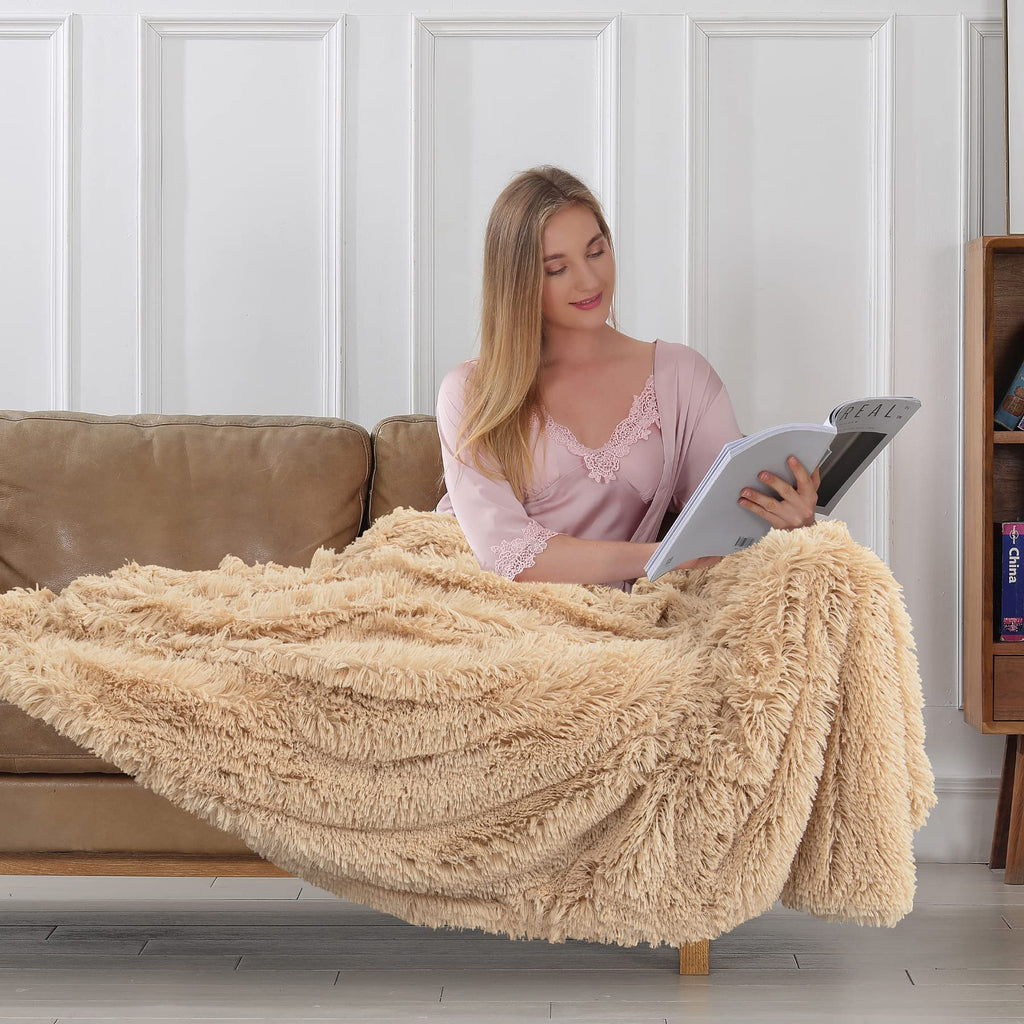 Tuddrom Decorative Extra Soft Faux Fur Blanket Twin Size 70'' X 78'',Solid Reversible Fuzzy Long Hair Shaggy Blanket,Fluffy Cozy