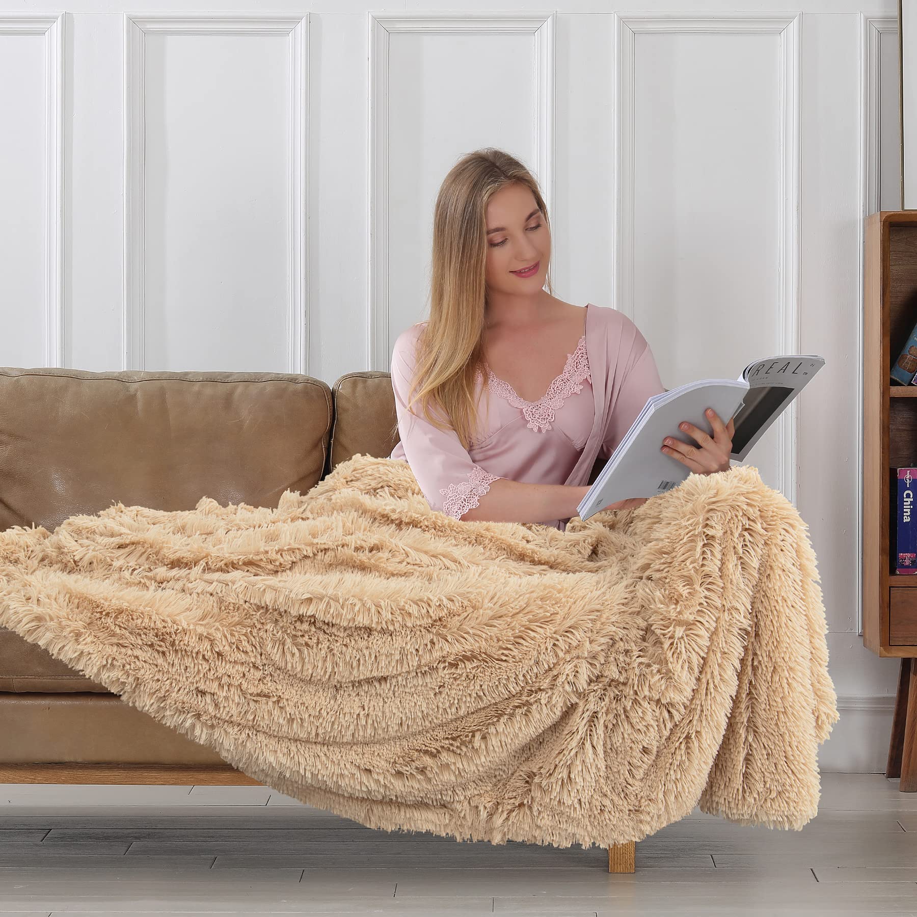 Tuddrom Decorative Extra Soft Faux Fur Blanket Twin Size 70'' X 78'',Solid Reversible Fuzzy Long Hair Shaggy Blanket,Fluffy Cozy