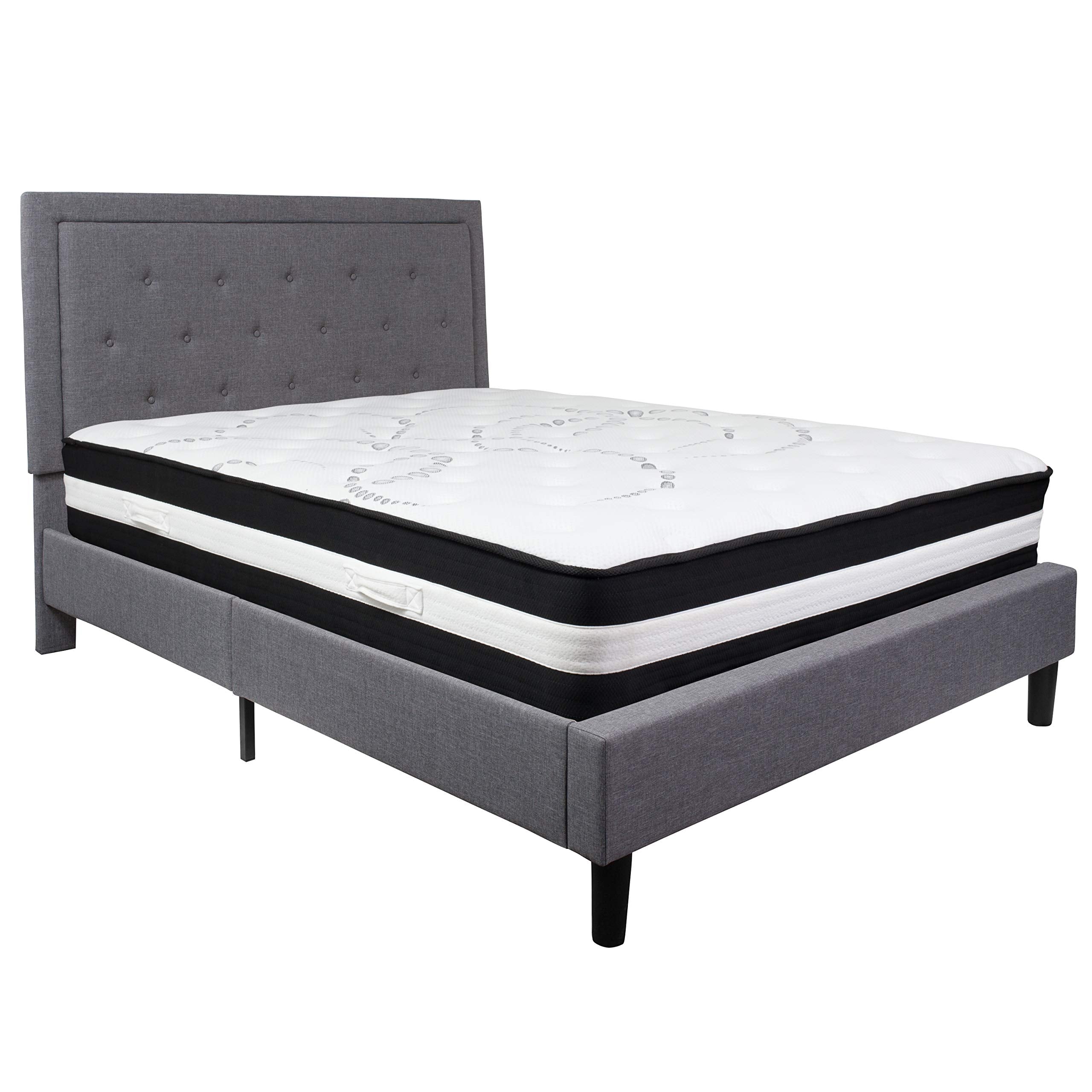 Flash Furniture Roxbury Queen Size Tufted Upholstered Platform Bed In Light Gray Fabric With Pocket Spring Mattress