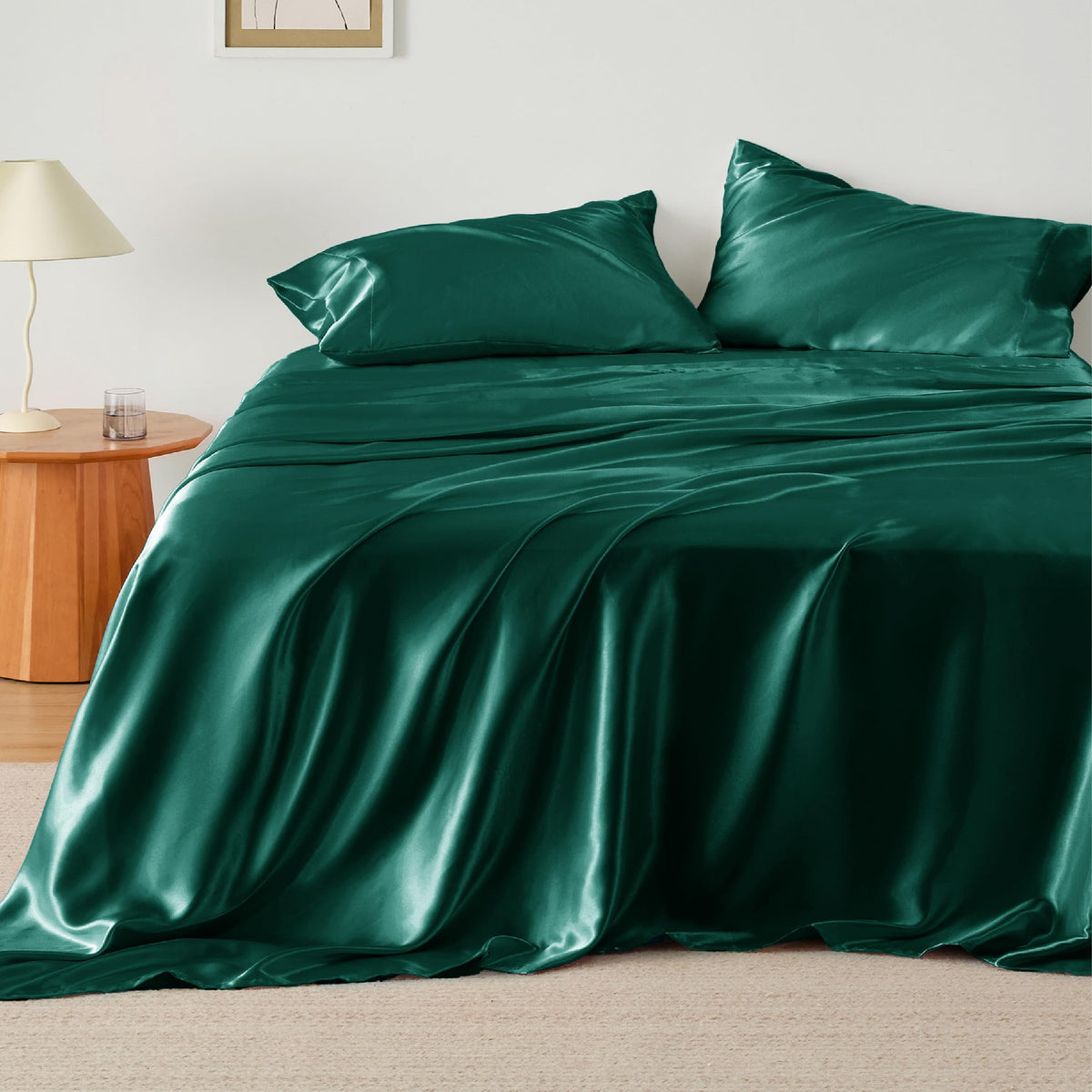 Bedsure Satin Sheets King - Similar To Silk Sheets, Silky Bedsheet, Luxury & Ultra Soft, Non-Fading & Wrinkle Free, Good For Hair & Skin, Gifts For Women, 4 Pieces, Dark Green