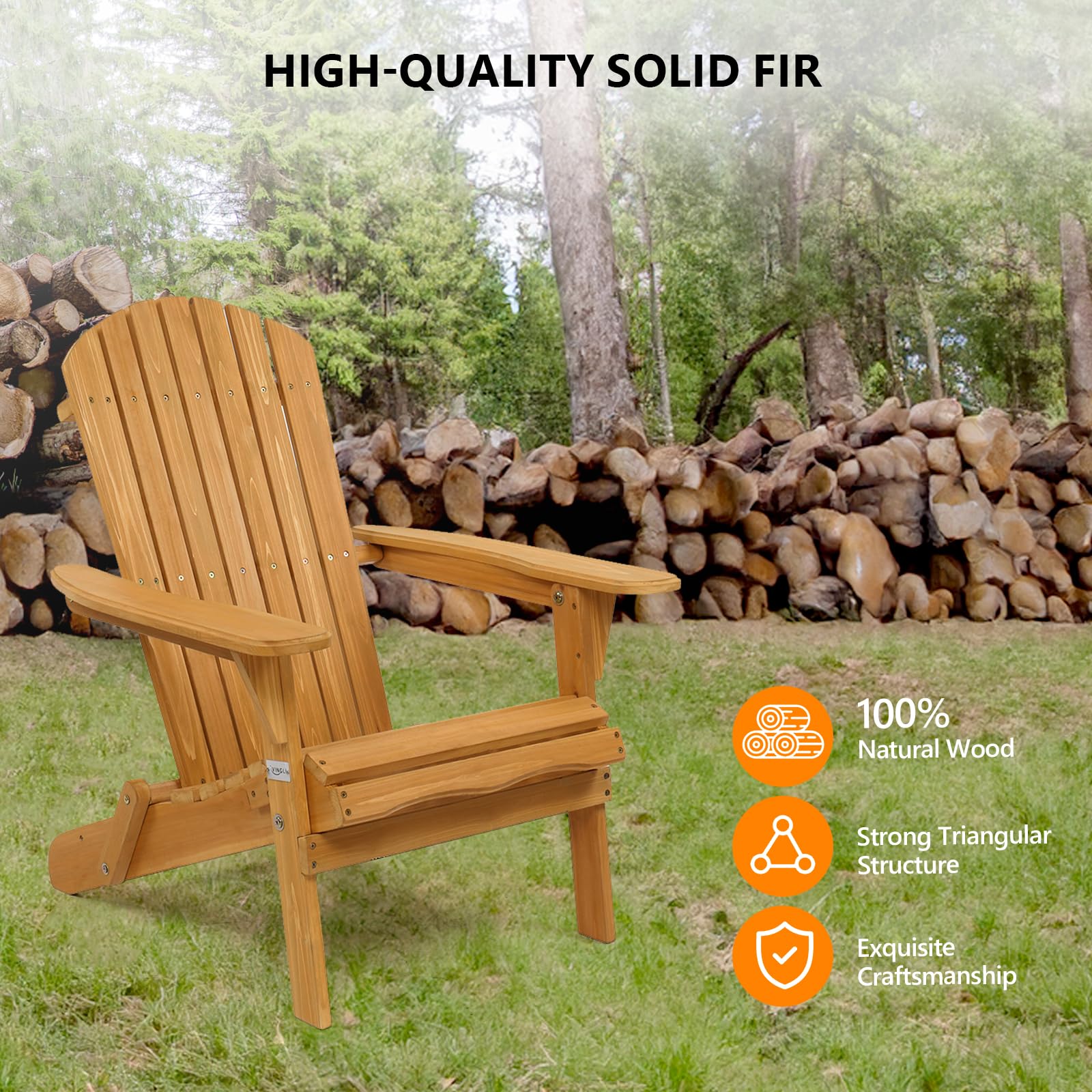 Vingli Wooden Folding Adirondack Chairs Set Of 2 For Outdoor, All Weather Foldable Fir Pit Chairs Clearance Patio Lounge Chairs For Lawn Garden Poolside, Capacity 350Lbs