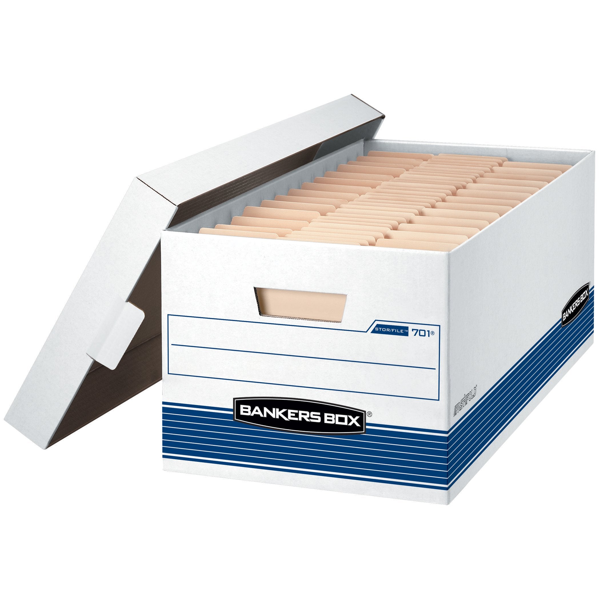 Bankers Box 12 Pack Stor/File Medium-Duty File Storage Boxes, Fastfold, Lift-Off Lid, Letter, White/Blue