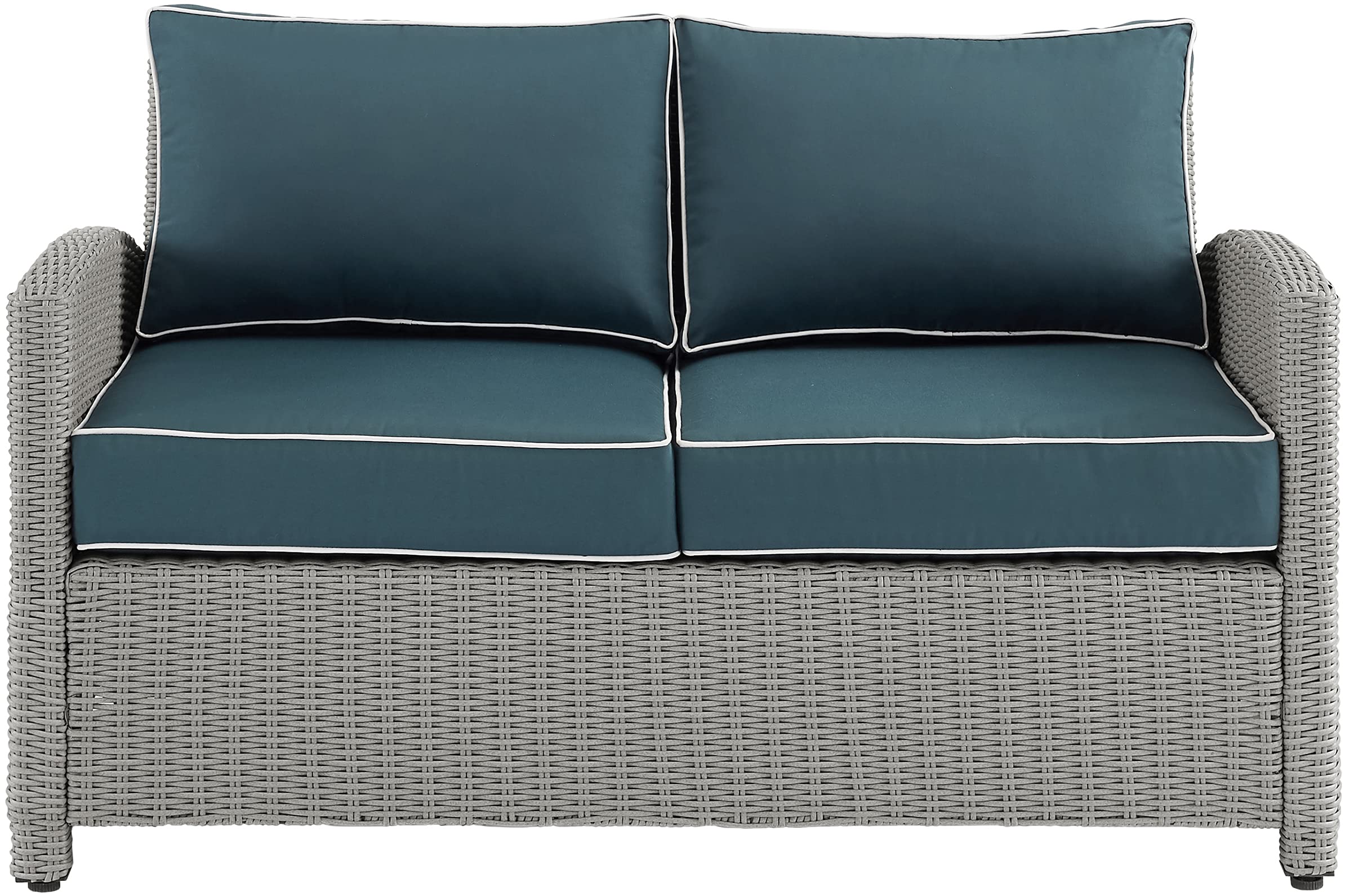 Crosley Furniture Bradenton Wicker Outdoor Loveseat, 2-Person Patio Couch for Porch, Deck, Backyard, Gray with Navy Cushions