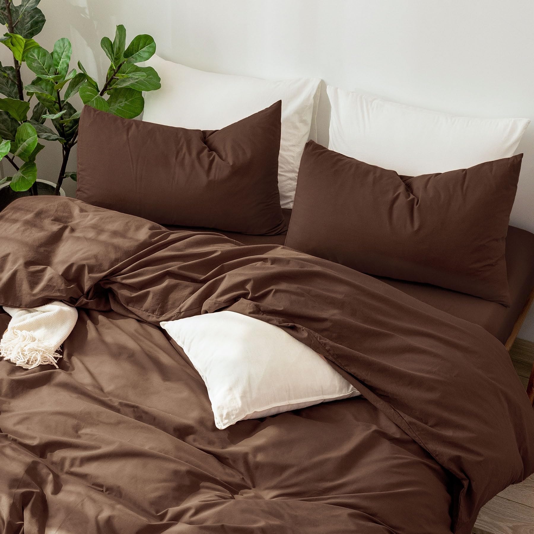 Moomee Bedding Pillowcases Pack Of 2 100% Washed Cotton Linen Like Textured Breathable Durable Soft Comfy (Cocoa Brown, Standard