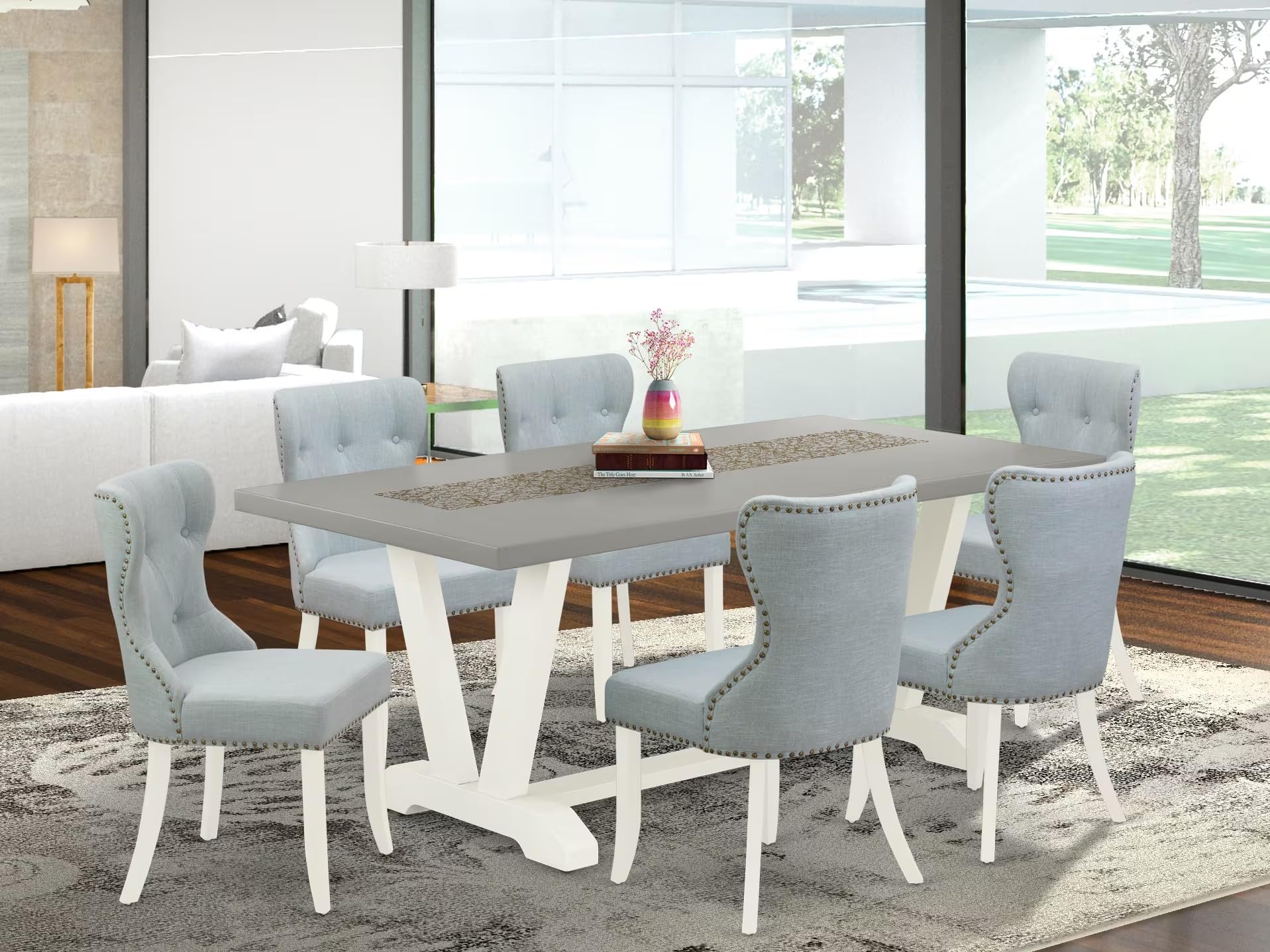East West Furniture V097Si215-7 7 Piece Dining Table Set Consist Of A Rectangle Kitchen Table With V-Legs And 6 Baby Blue Linen Fabric Parson Dining Room Chairs, 40X72 Inch, Multi-Color