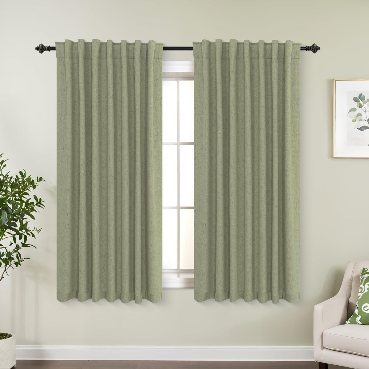 Koufall Back Tab Linen Blackout Curtains For Living Room-Sage Green-52X54
