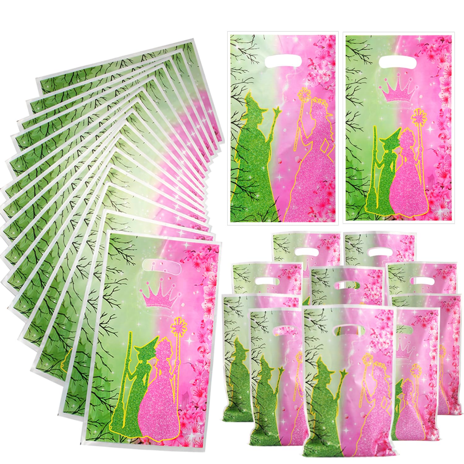 RCRAJE 50PCS Witch Birthday Gift Bags, Pink Crown Party Favor Bag Candy Treat Bag, Pink and Green Evil Spirit Party Decorations 