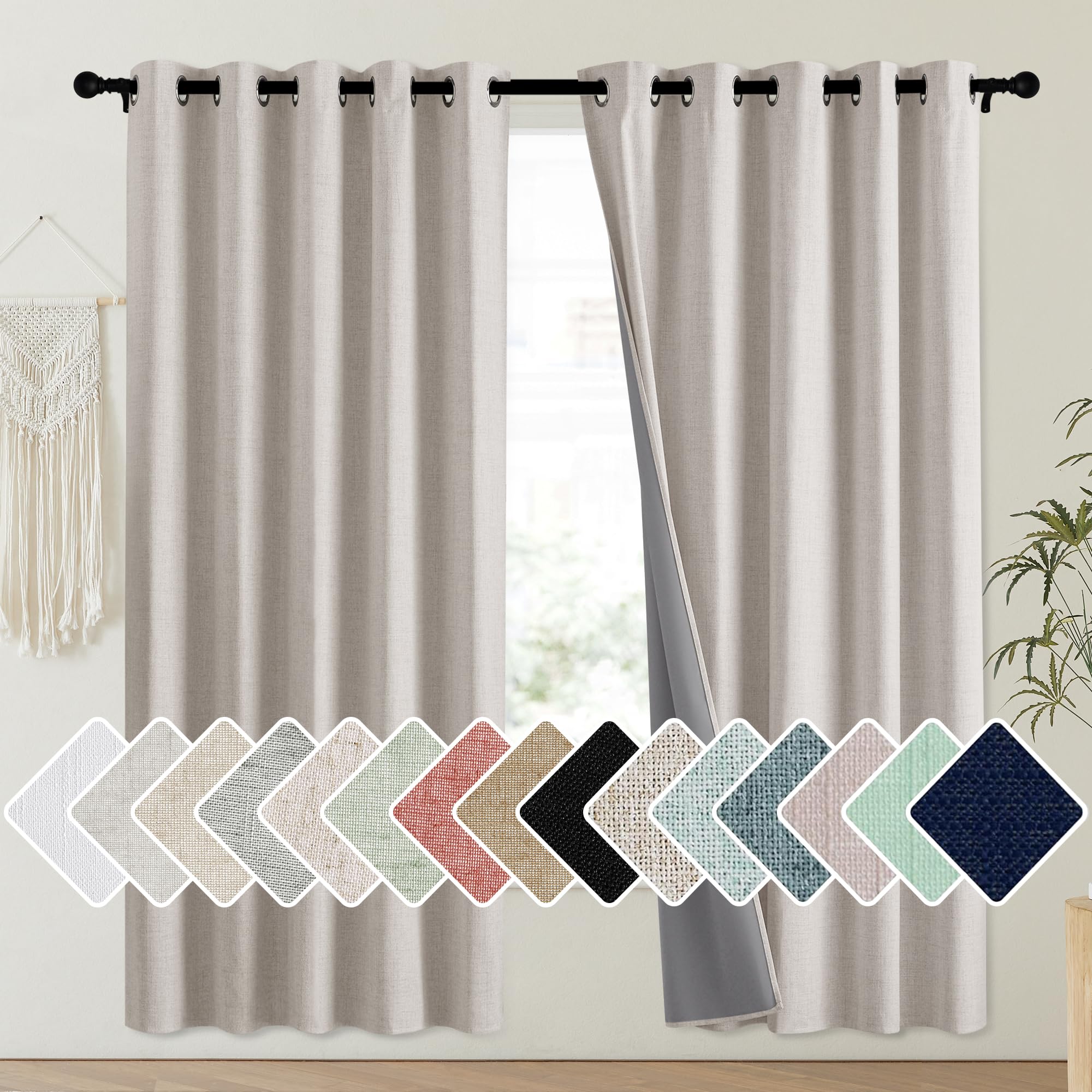 NICETOWN Brich Vintage Open Linen Weave Flax Thermal Curtains, 100% Blackout Curtains 72 Long for Dining Room, Soundproof Window