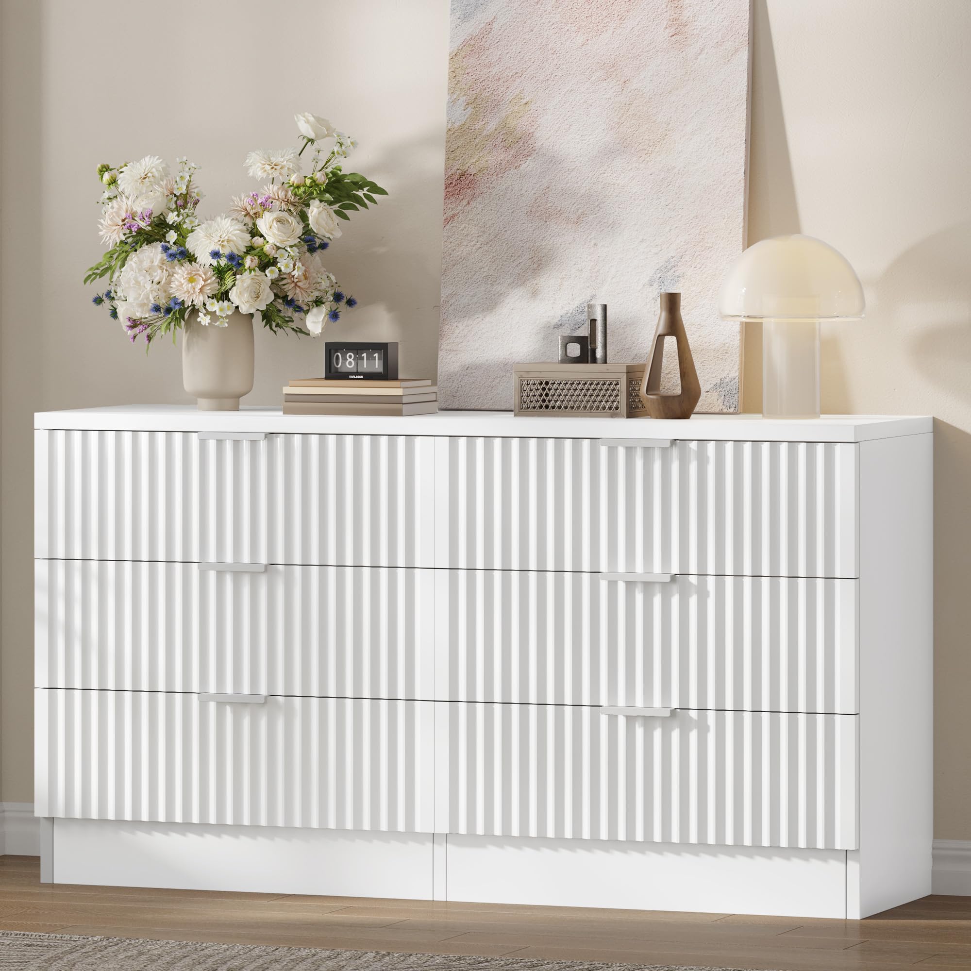 DWVO Fluted 6 Drawer Dressers, 47.5 Wide Modern Chest of Drawers, Wooden Dresser with Metal Handle, Versatile TV Stand Cabinet T