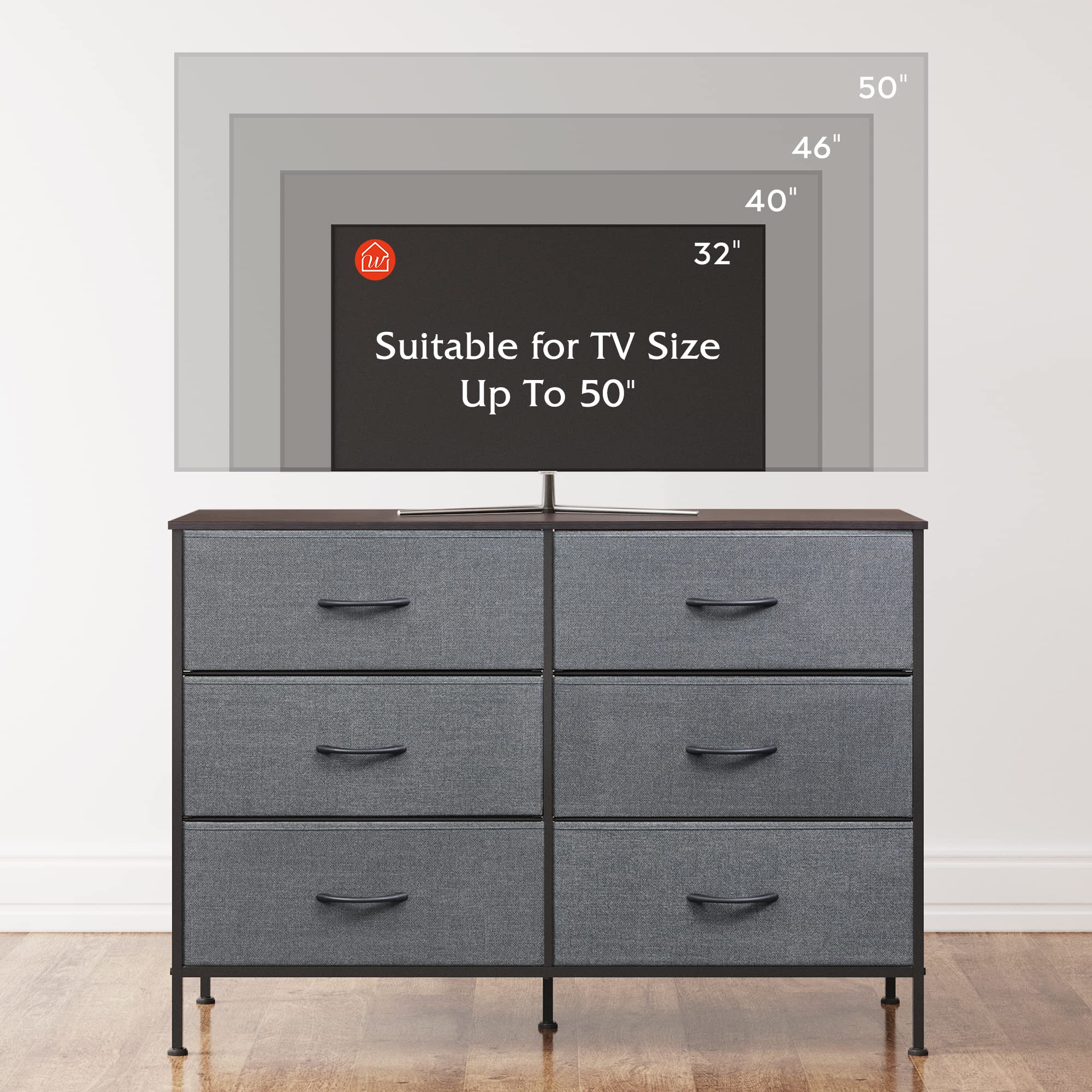 Wlive Dresser For Bedroom With 6 Drawers, Wide Fabric Dresser Tv Stand For 50 Inches Tv, With Metal Frame, Wooden Top, Fabric Storage Dresser For Bedroom, Hallway,Dark Gray