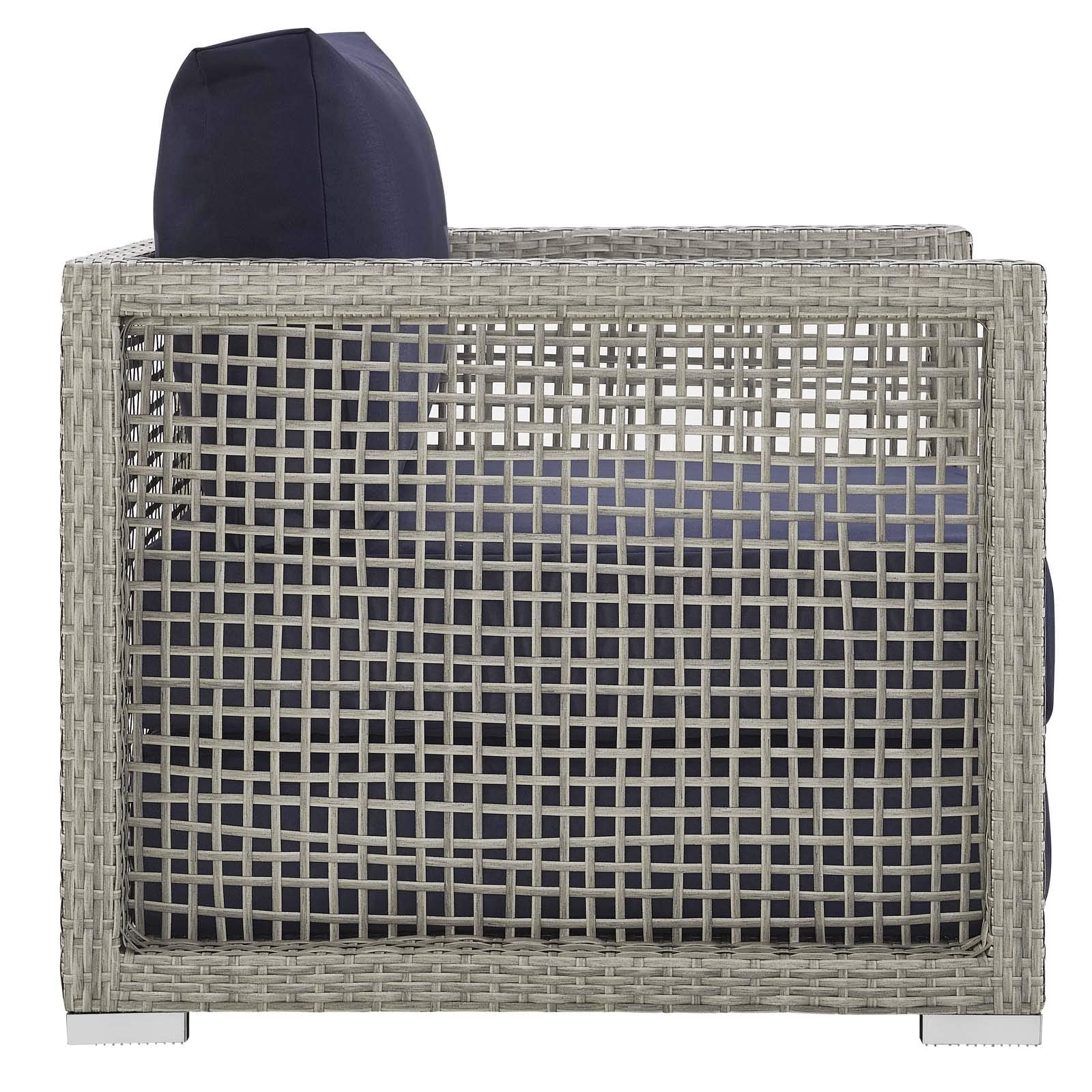 Modway Aura Outdoor Patio Wicker Rattan, Side Table And Two Armchairs, Gray Navy
