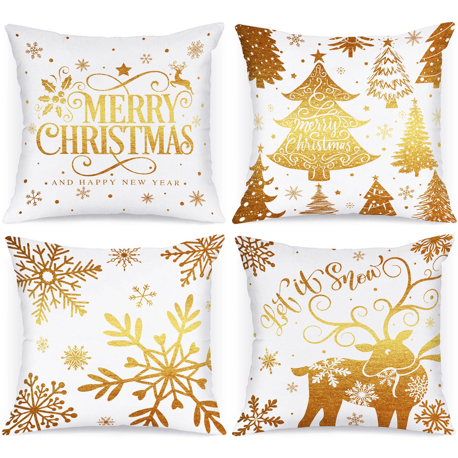 Lanpn White And Gold 16X16 Christmas Pillow Covers Set Of 4, Decorative 16 Inch Navy Winter Snowflake Throw Pillow Case Xmas Cus
