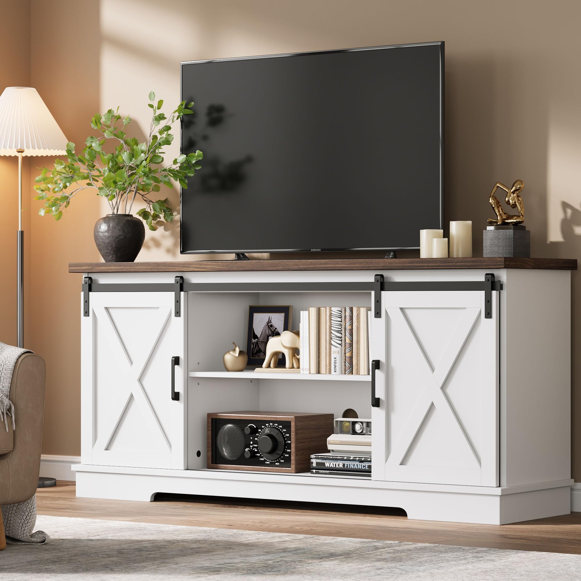 CABIHOME Farmhouse Tv Stand for 65 Inches TVs, Entertainment Center with Storage and Sliding Barn Doors, Adjustable Shelf Modern