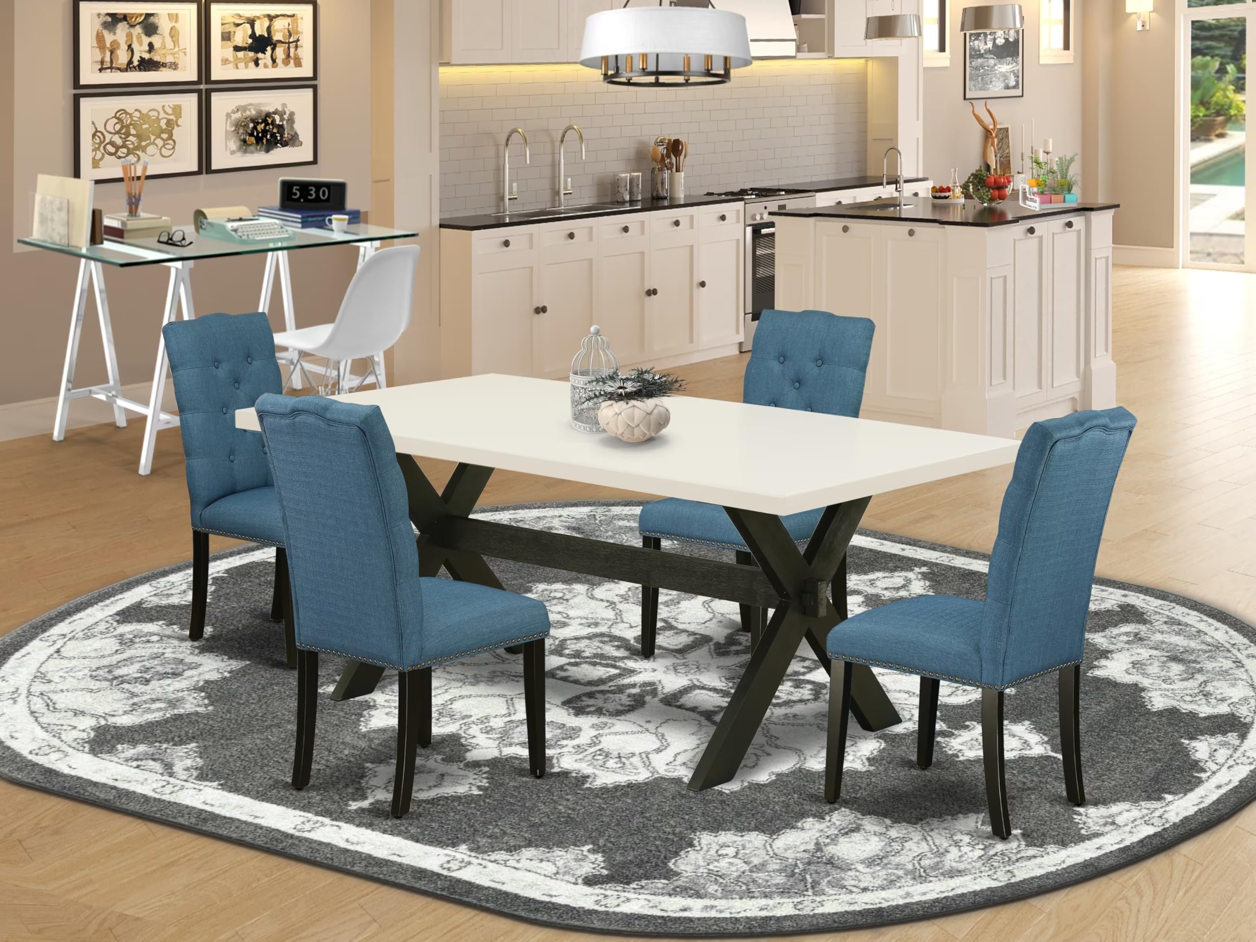 East West Furniture X627El121-5 5 Piece Dining Table Set For 4 Includes A Rectangle Kitchen Table With X-Legs And 4 Blue Linen Fabric Parson Dining Room Chairs, 40X72 Inch, Multi-Color
