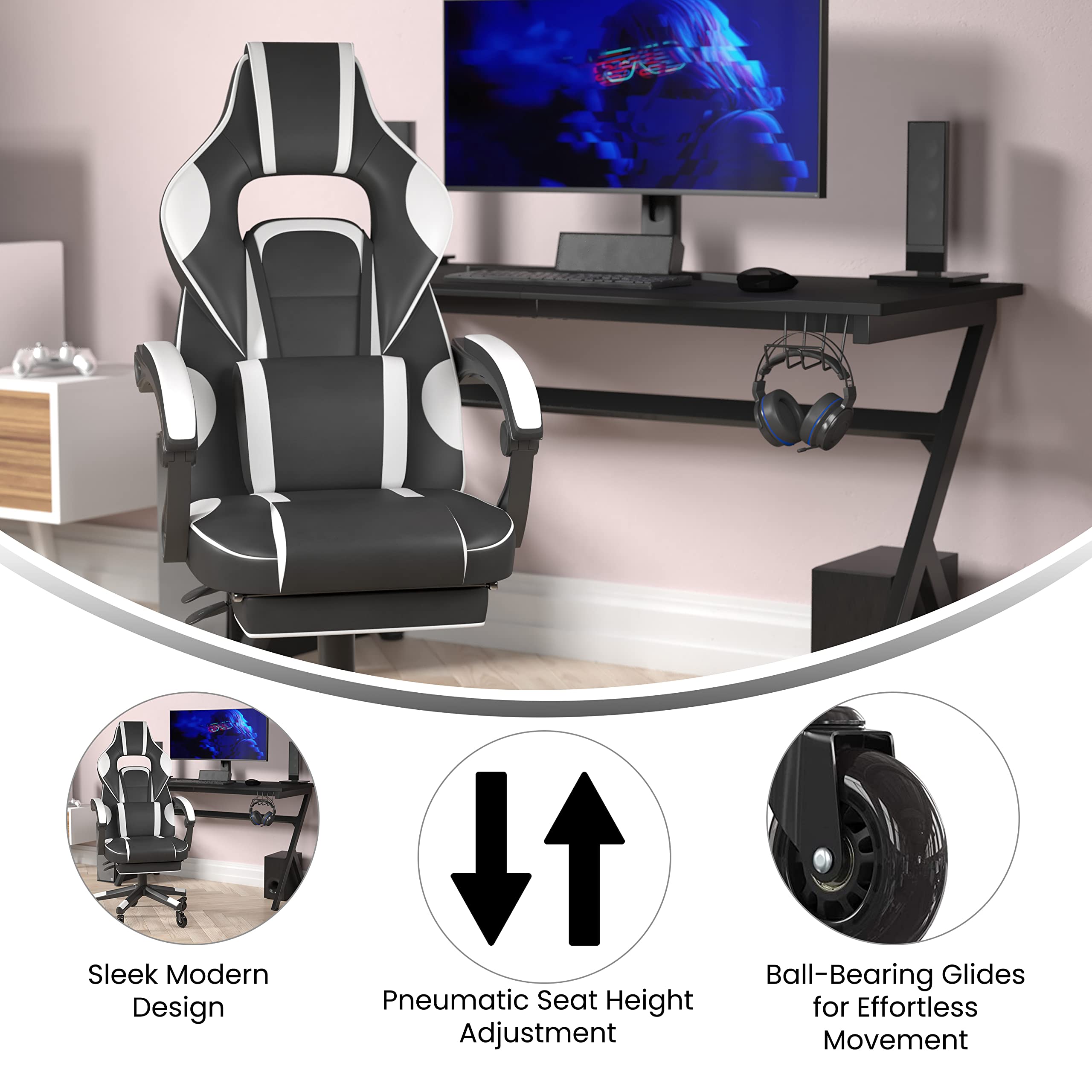 Flash Furniture X40 Gaming Chair Racing Computer Chair With Fully Reclining Back/Arms And Transparent Roller Wheels, Slide-Out Footrest, - White