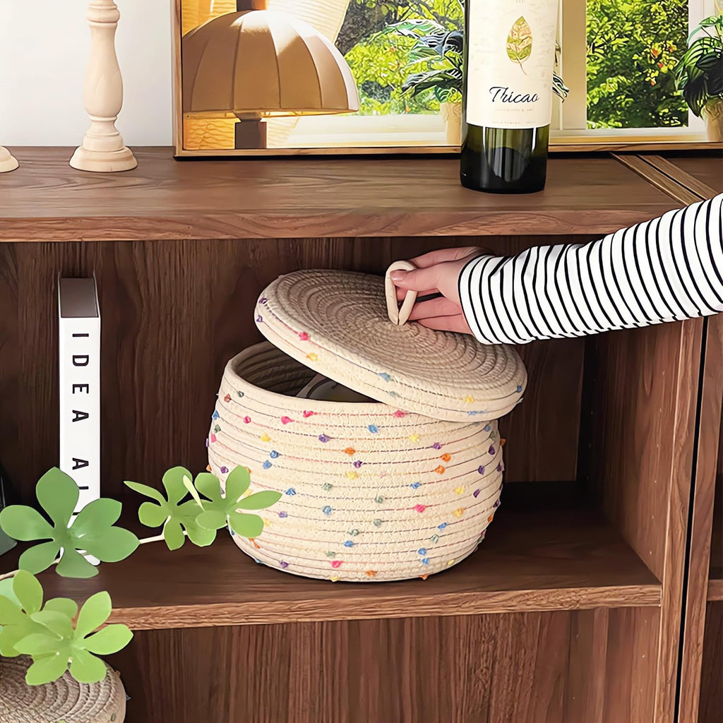 Esme L&H Small Rope Basket With Lid,10X6 Small Round Woven Storage Basket With Lid For Organizing, Small Decorative Toy Basket,C