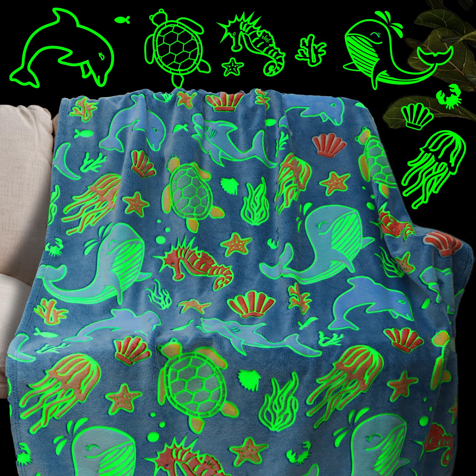 Glow In The Dark Throw Blanket Dolphin Marine Life Luminous Blankets And Throws Blue Colorful Plush Blankets Soft Glowing Throw