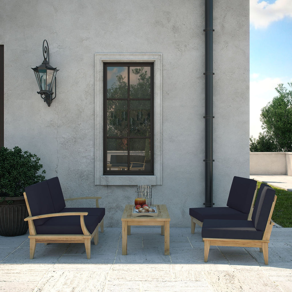 Modway Marina Premium Grade A Teak Wood 5-Piece Outdoor Patio Furniture Set In Natural Navy