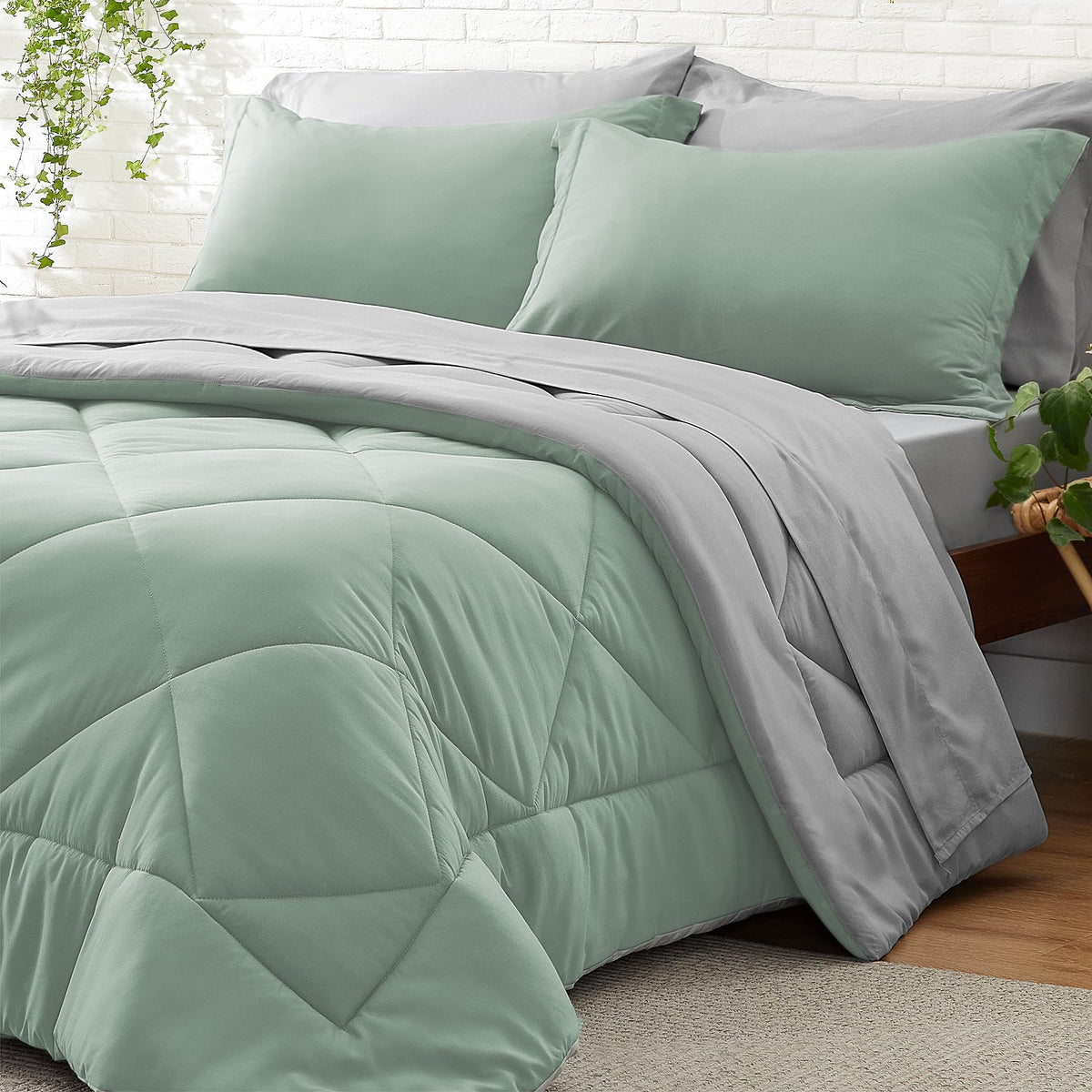 Bedelite California King Size Comforter Set 7 Pieces Bed In A Bag - Soft Microfiber Reversible Cal King Sage Green Bed Set With