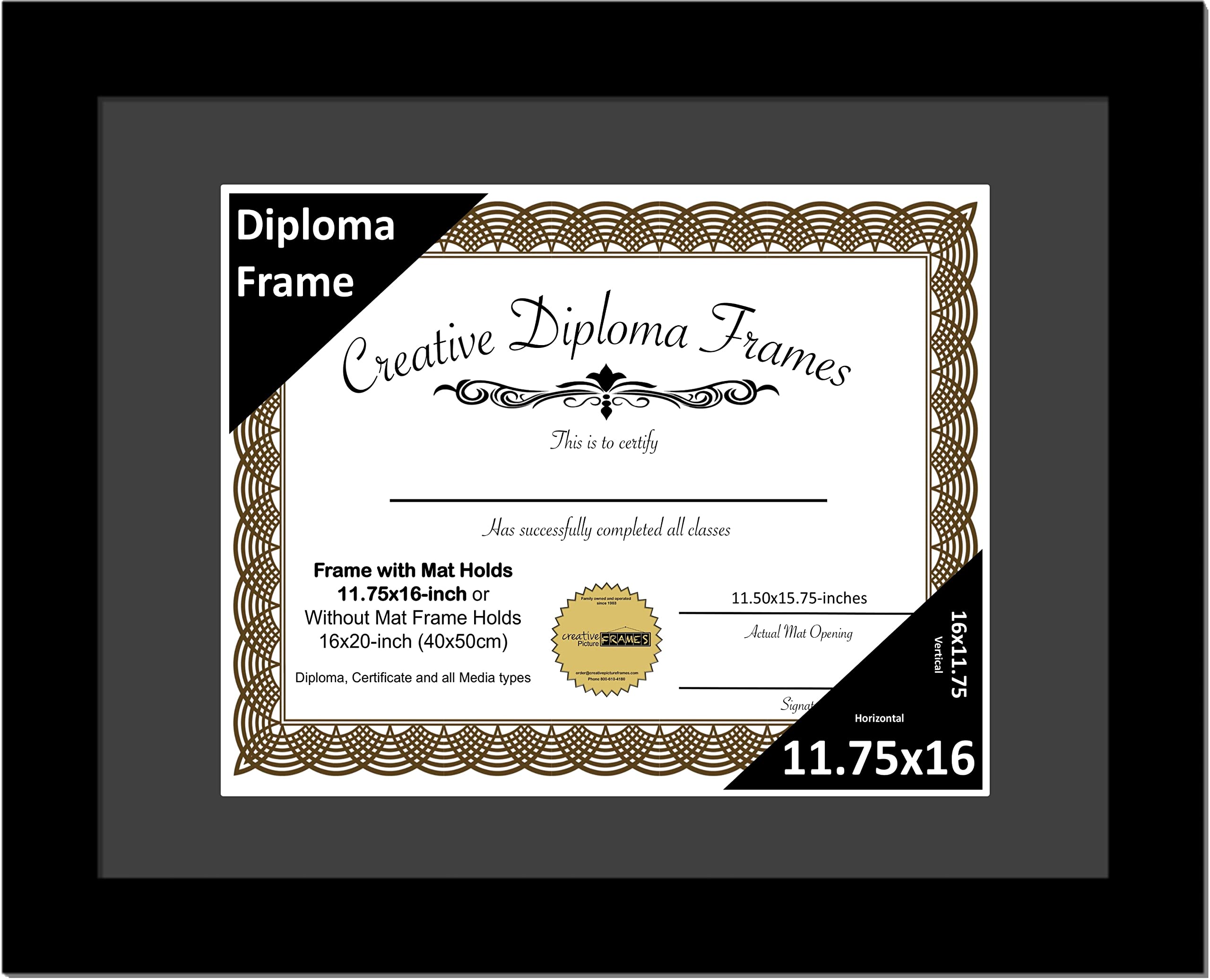 Creative Picture Frames 11.75x16 Classic Black Diploma Frame with Black Mat Glass Easel and Installed Wall Hangers | Frame Holds