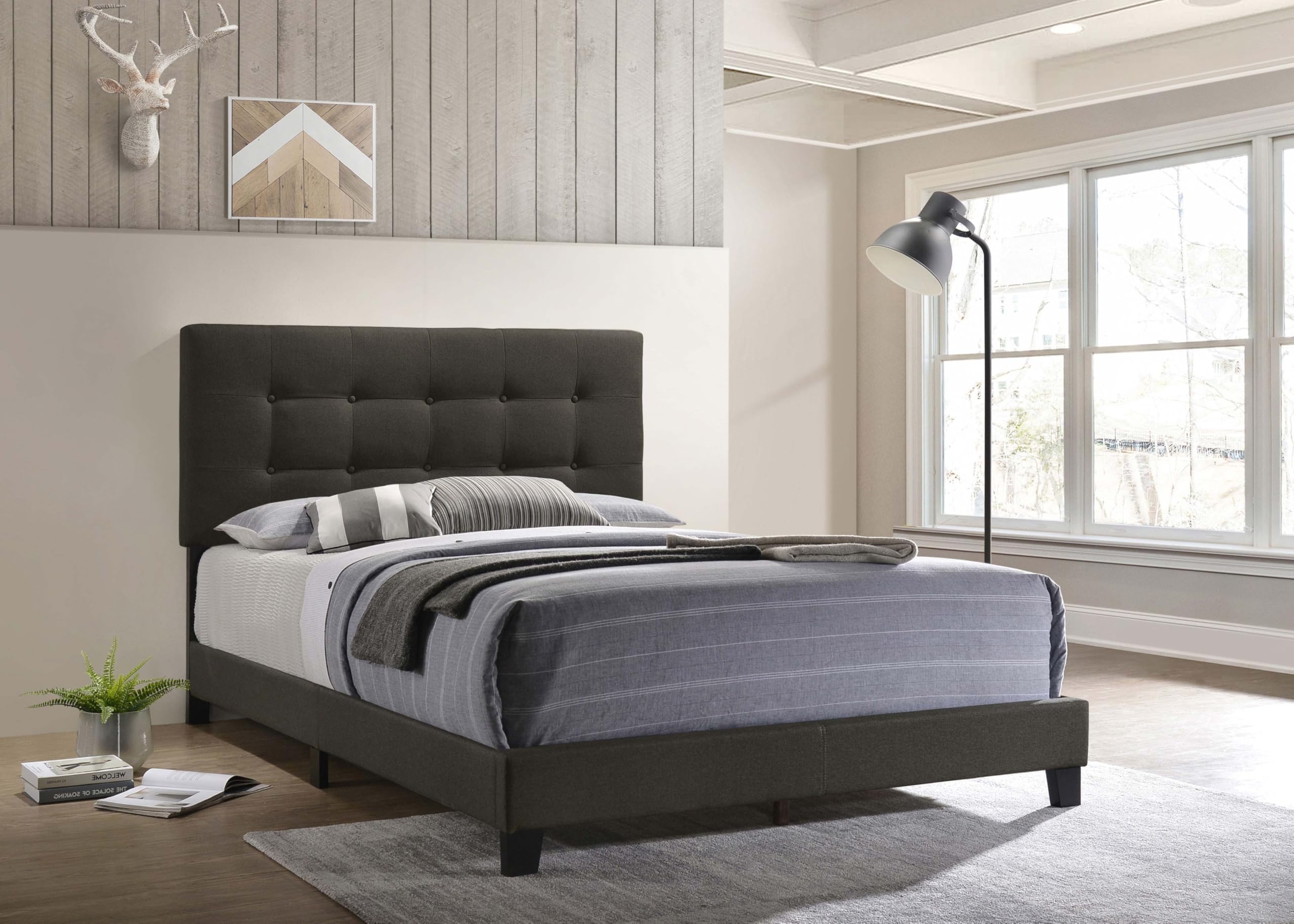 Coaster Home Furnishings Mapes Transitional Fabric Upholstered Queen Size Panel Bed Frame 50-inch Headboard Charcoal 305746Q