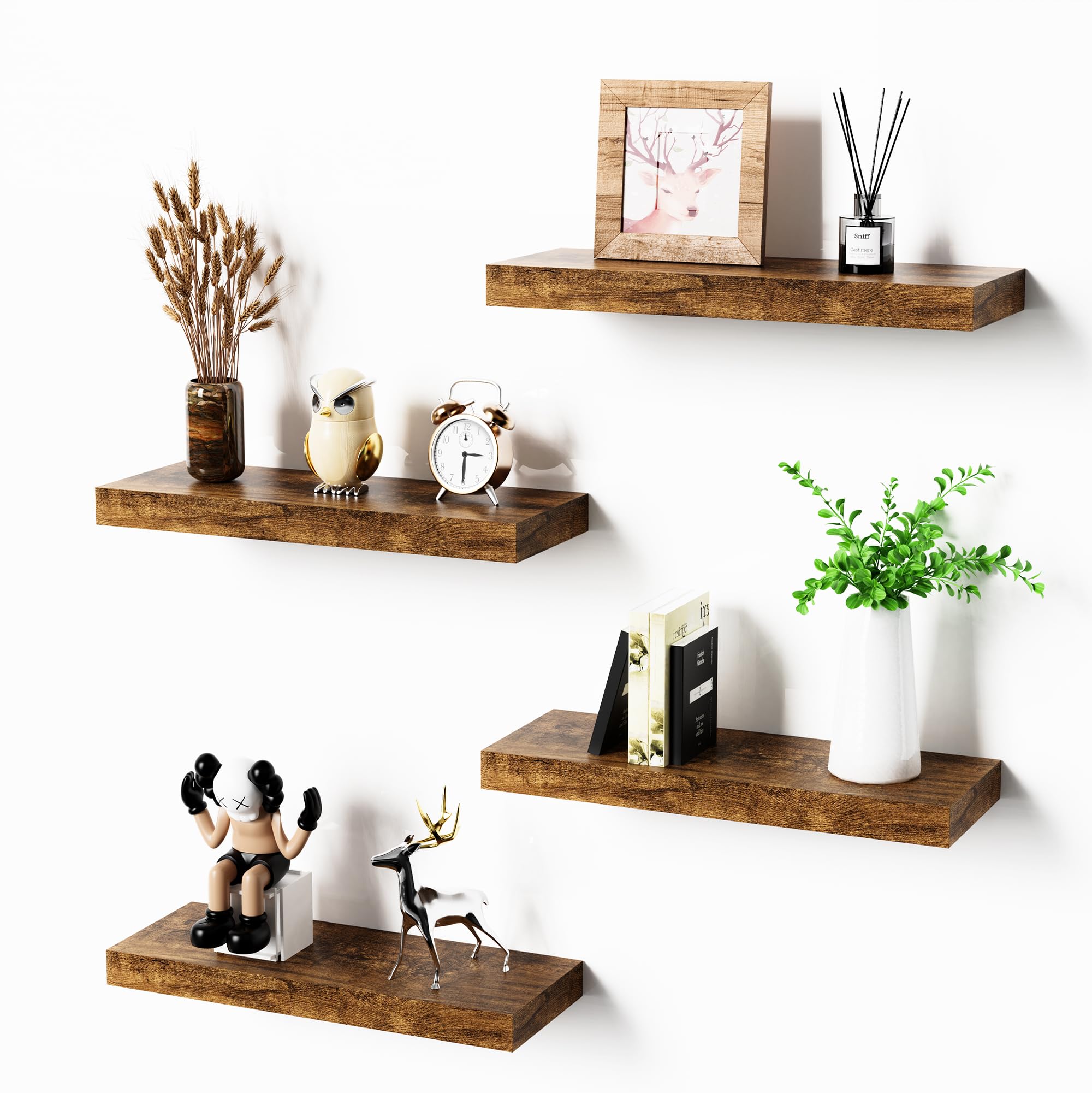 Bellsal Floating Shelves for Wall, Rustic Brown Wood Wall Shelf Set of 4, 16'' Wall Mounted Floating Shelf for Kitchen