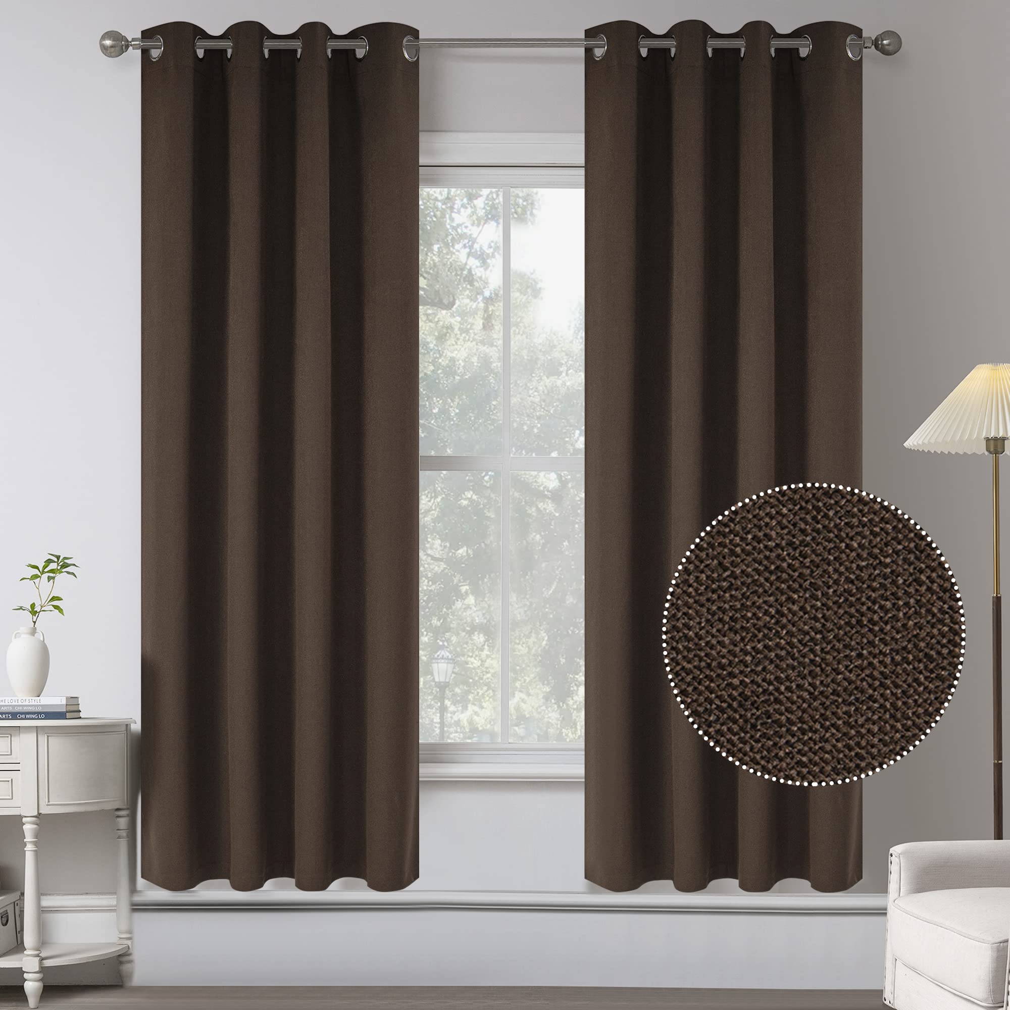 Coffee Brown Linen 100% Blackout Curtains For Bedroom - 63 Inches Long Energy Saving Thermal Insulated Window Treatment Burlap T