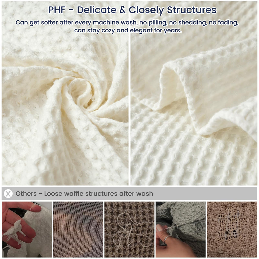 Phf 100% Cotton Waffle Weave Blanket Queen Size 90'X90' - Lightweight Cozy Washed Soft Breathable Throw - Great Layer For Couch Bed Sofa - Elegant Aesthetic Home Decoration Gift - Cream