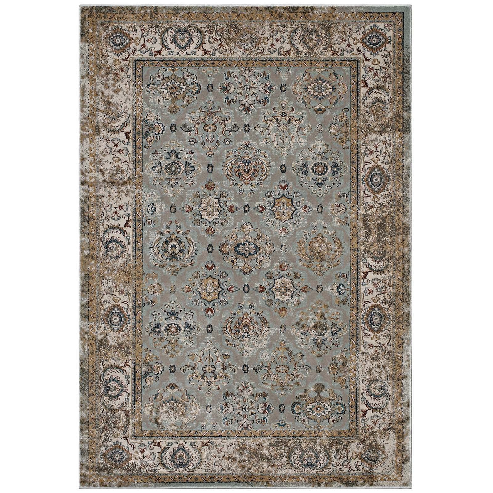 Modway Hisa Distressed Vintage Floral Lattice 5X8 Area Rug In Silver Blue, Beige And Brown