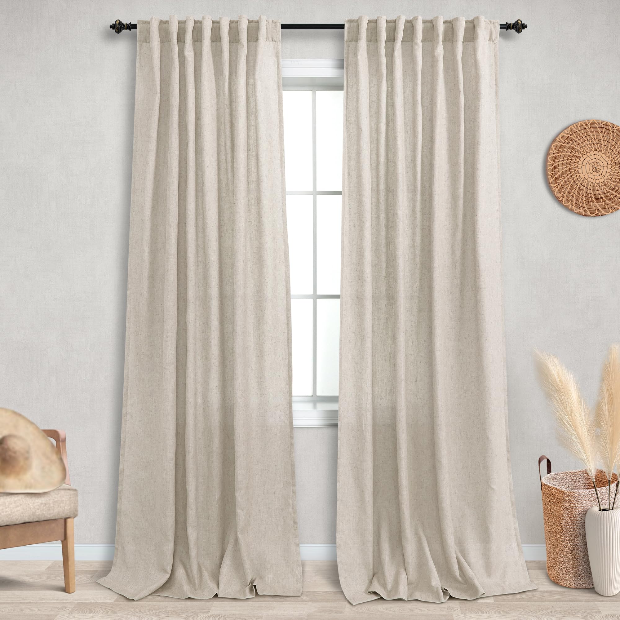 Koufall Linen Back Tab Rod Pocket Tan Beige Sheer Curtains 52X90 Inch Length For Bedroom Living Room