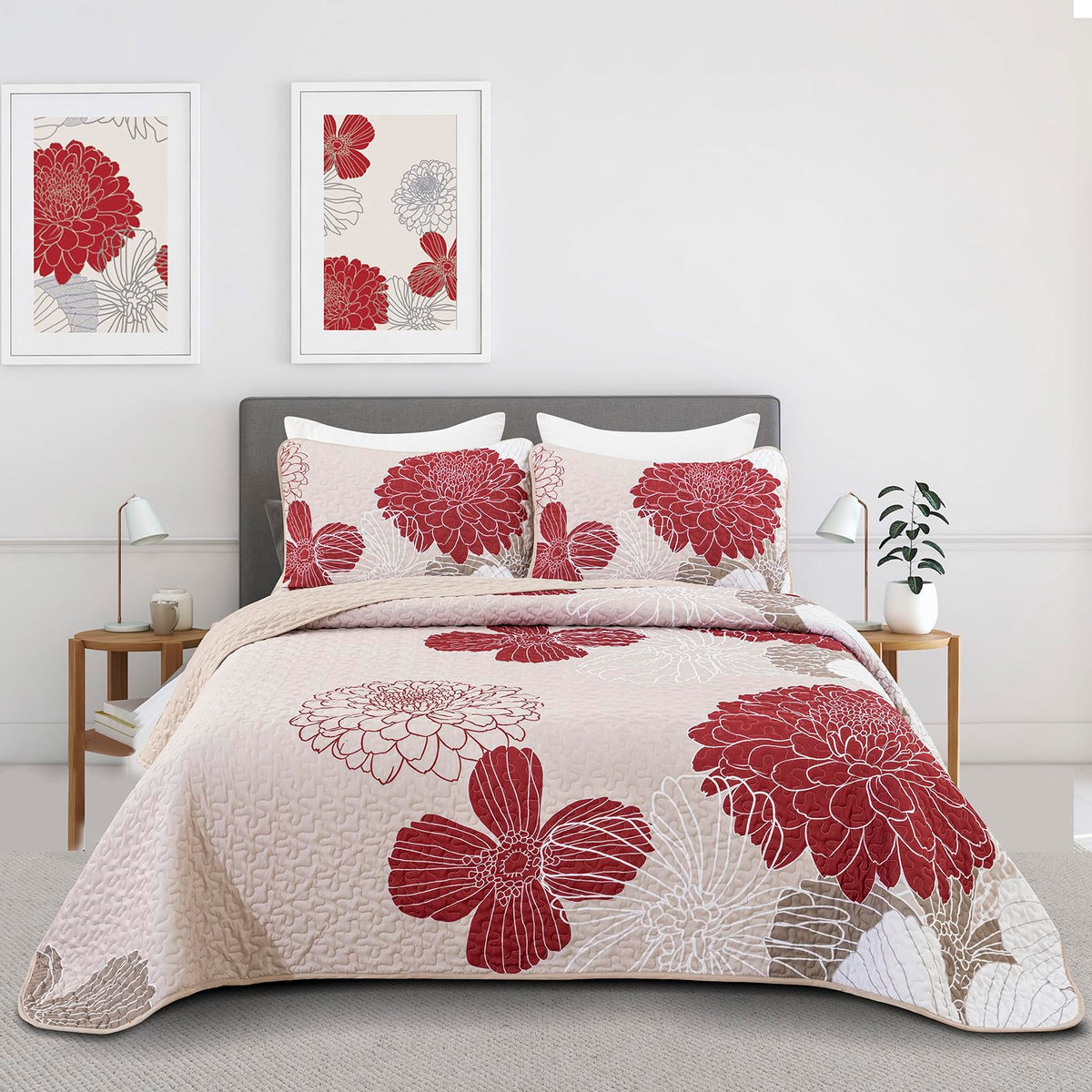 Red Floral Quilt Set Queen Size - 3 Piece Red Flower Pattern Bedspreads, Reversible Lightweight Microfiber Burgundy Quilts Beddi