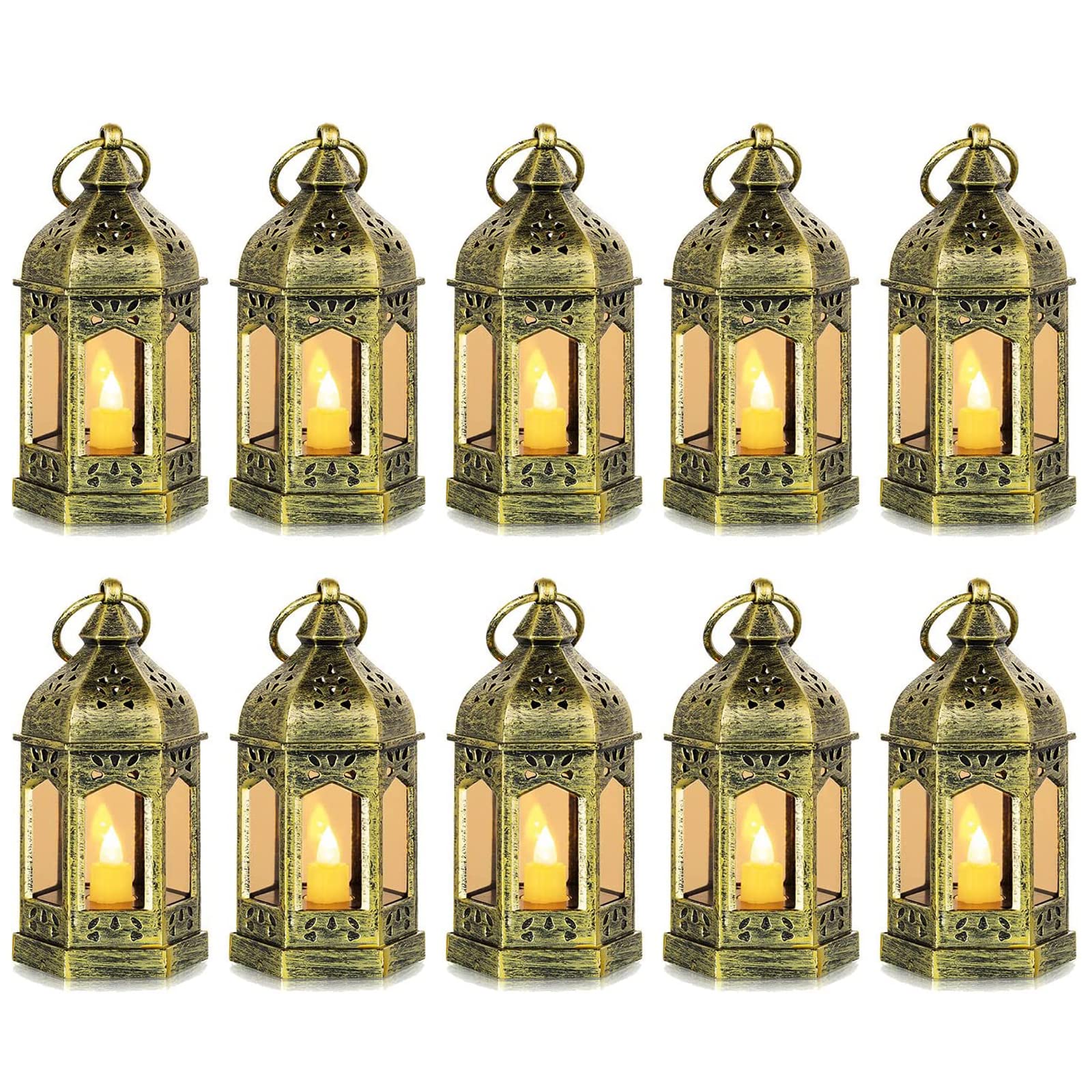 Mini Lantern with Flickering LED Candles Set of 10, Hewory Gold Vintage Decorative Hanging Candle Lanterns for Halloween, Christ