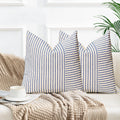 Farmhouse Pillow Covers 16X16, Modern Accent Square Throw Pillow Covers Set Of 2, Blue And Beige Striped Patchwork Linen Decorat