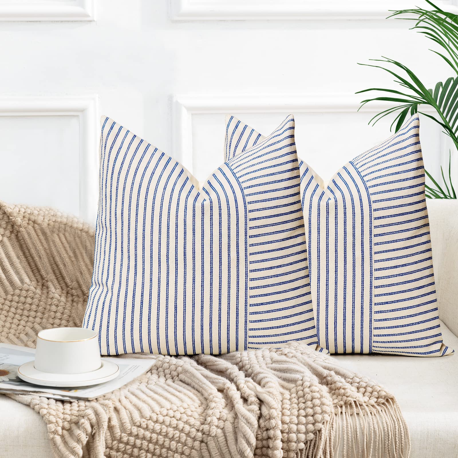Farmhouse Pillow Covers 16X16, Modern Accent Square Throw Pillow Covers Set Of 2, Blue And Beige Striped Patchwork Linen Decorat