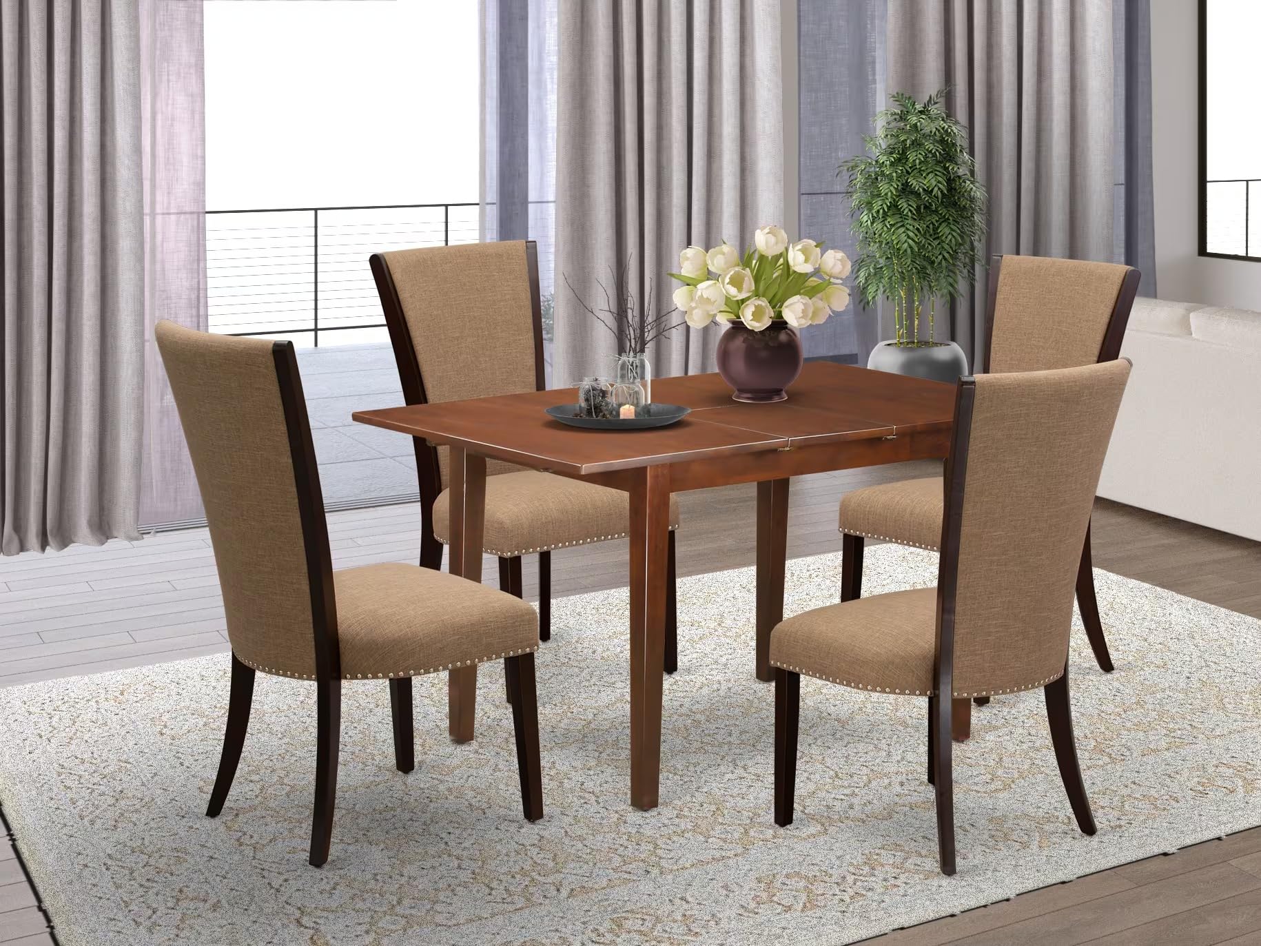 East West Furniture Psve5-Mah-47 5 Piece Dining Set Includes A Rectangle Dining Room Table With Butterfly Leaf And 4 Light Sable Linen Fabric Upholstered Chairs, 32X60 Inch, Mahogany