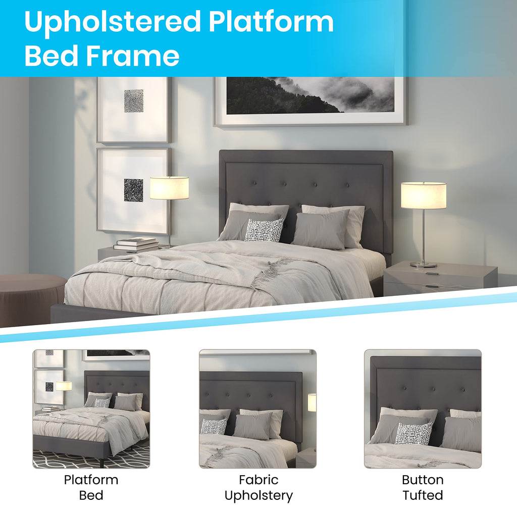 Flash Furniture Roxbury Full Size Tufted Upholstered Platform Bed In Dark Gray Fabric With 10 Inch Certipur-Us Certified Pocket Spring Mattress