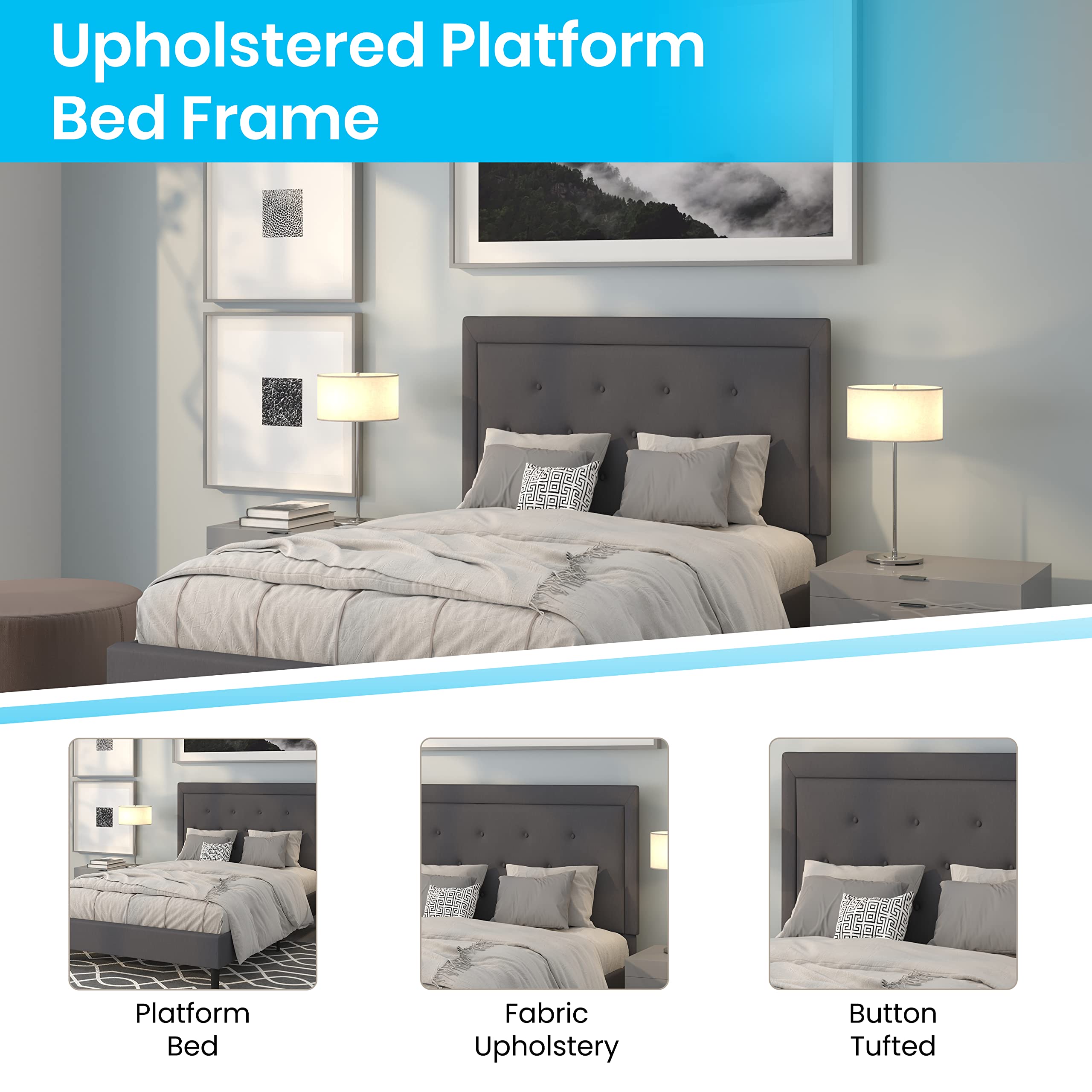 Flash Furniture Roxbury Full Size Tufted Upholstered Platform Bed In Dark Gray Fabric With 10 Inch Certipur-Us Certified Pocket Spring Mattress