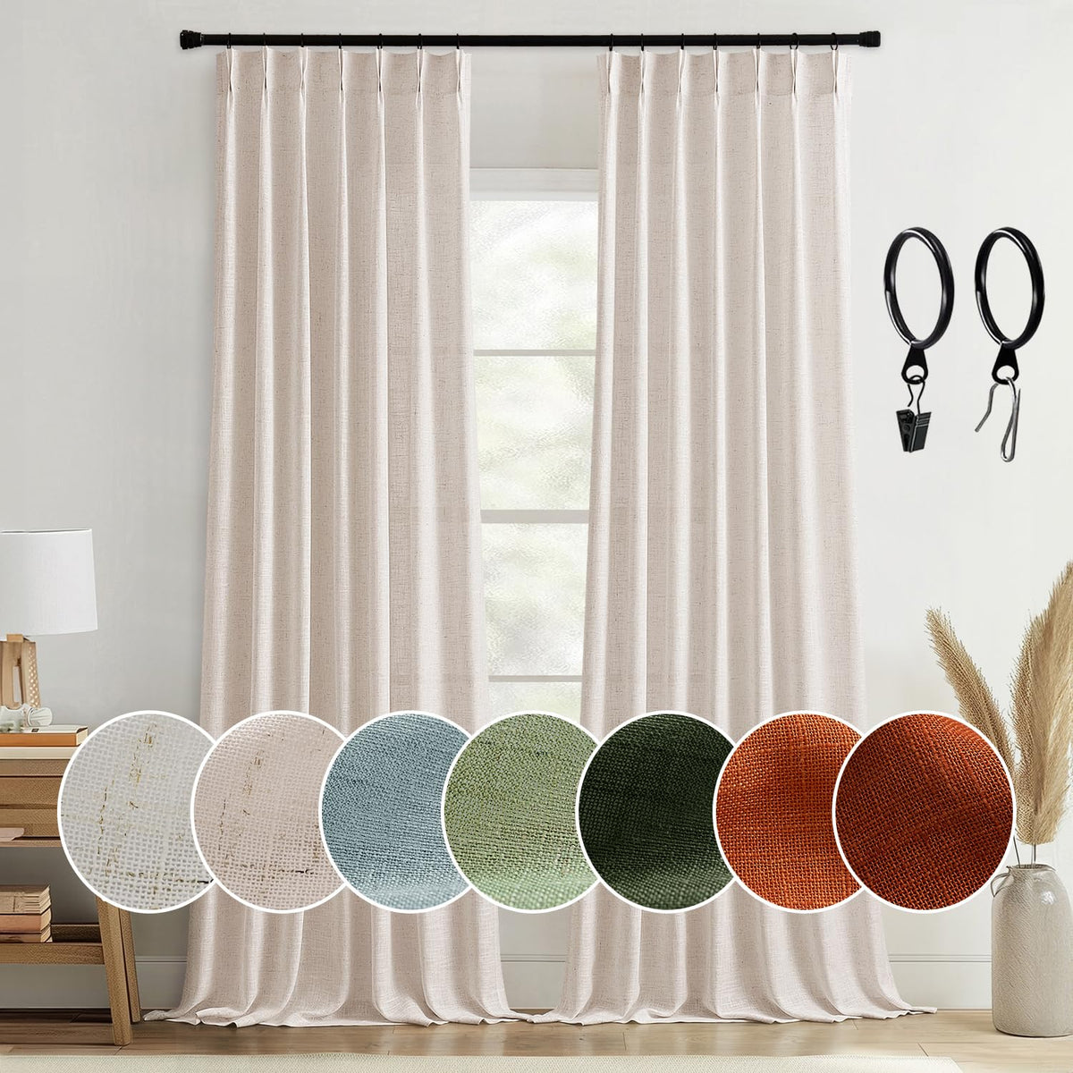Miulee 96 Inches Long Pinch Pleated Natural Linen Curtain Drapes 2 Panels Set For Bedroom Living Room, Semi Sheer Thick Light Fi