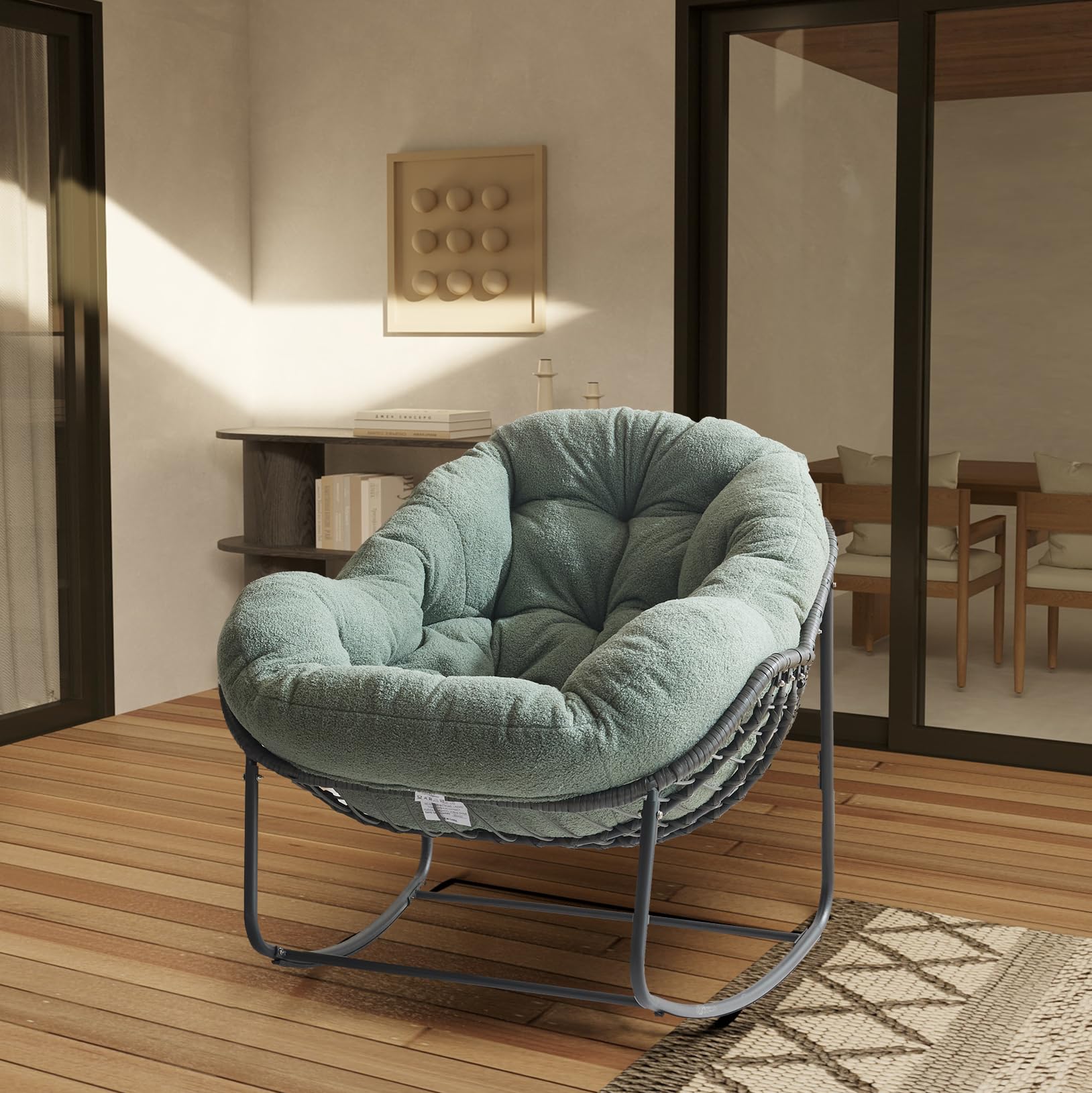 Ydcosyfy Patio Rocking Chair With Padded Cushion Indoor Outdoor Comfy Papasan Rocker Chair With Upgraded Steel Frame Oversized R
