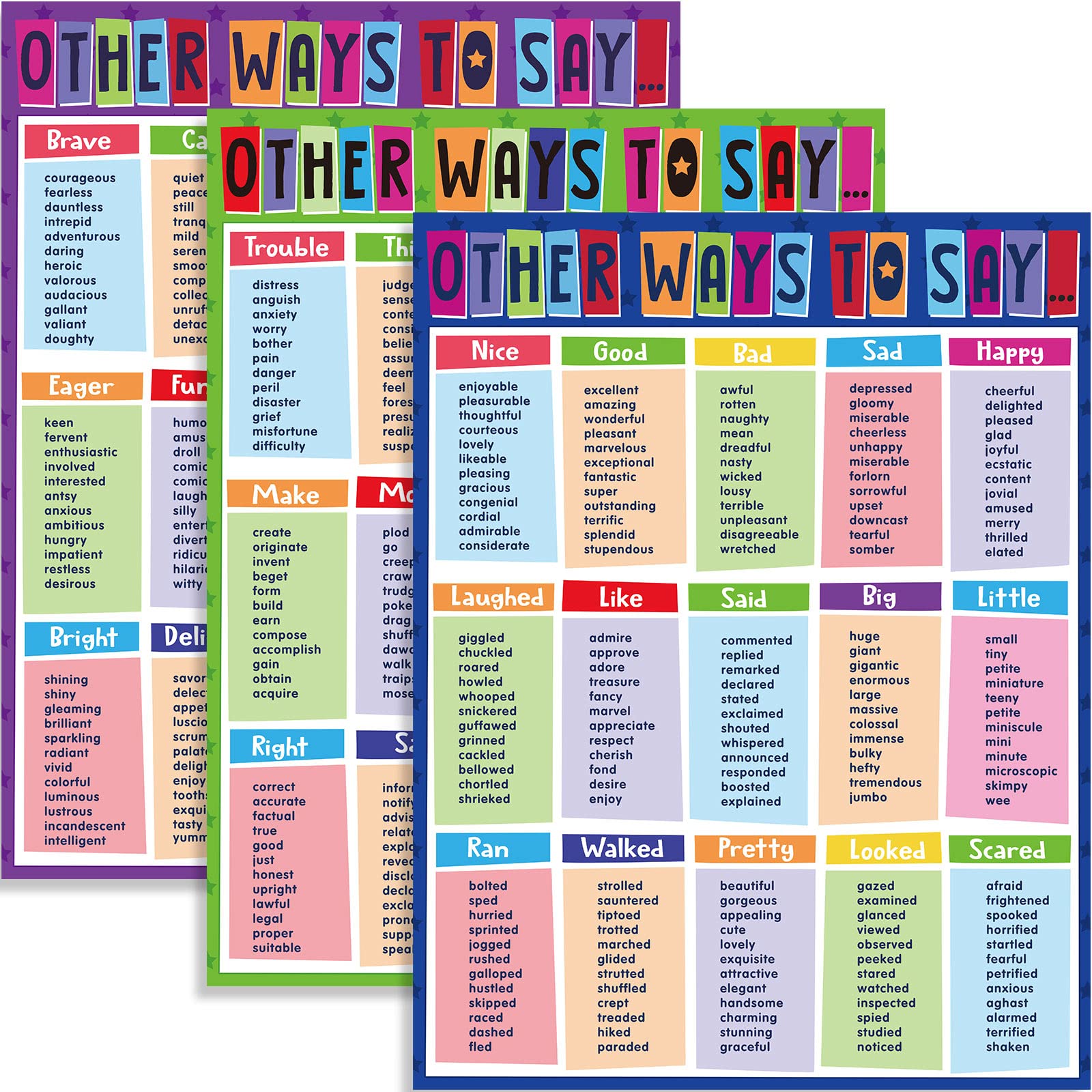 Yisong 3 Pieces English Educational Posters Other Ways To Say Synonyms Poster Grammar Learning Charts For Elementary Middle Scho