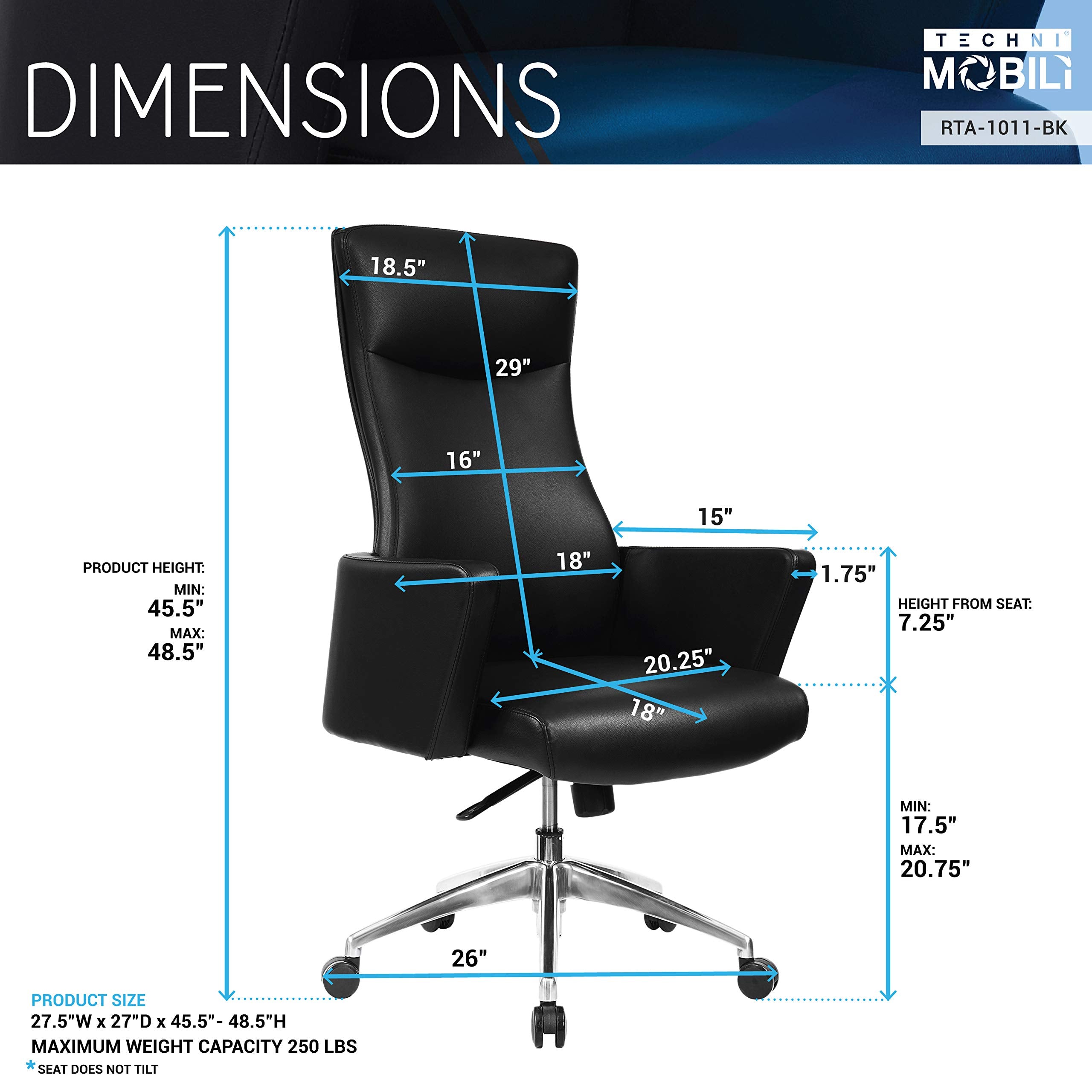 Techni Mobili Ergonomic Office Chair ?Height Adjustable Desk Chair with Lumbar Support and Adjustable Headrest - Black