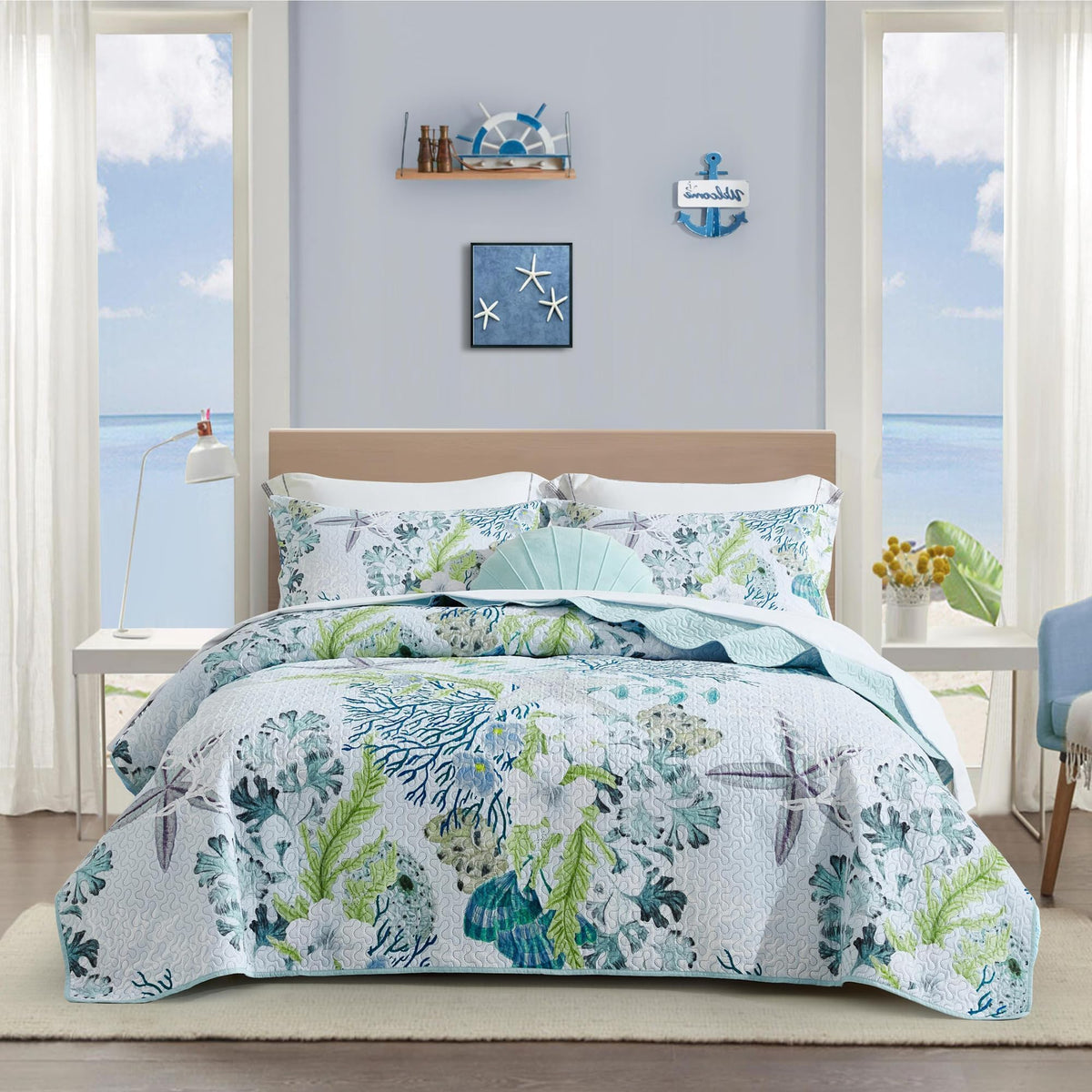 Tritard 3 Piece Coastal Beach Quilt Set Full/Queen Size Ocean Beach Themed Bedding Set Microfiber Lightweight Bedspread Coverlet